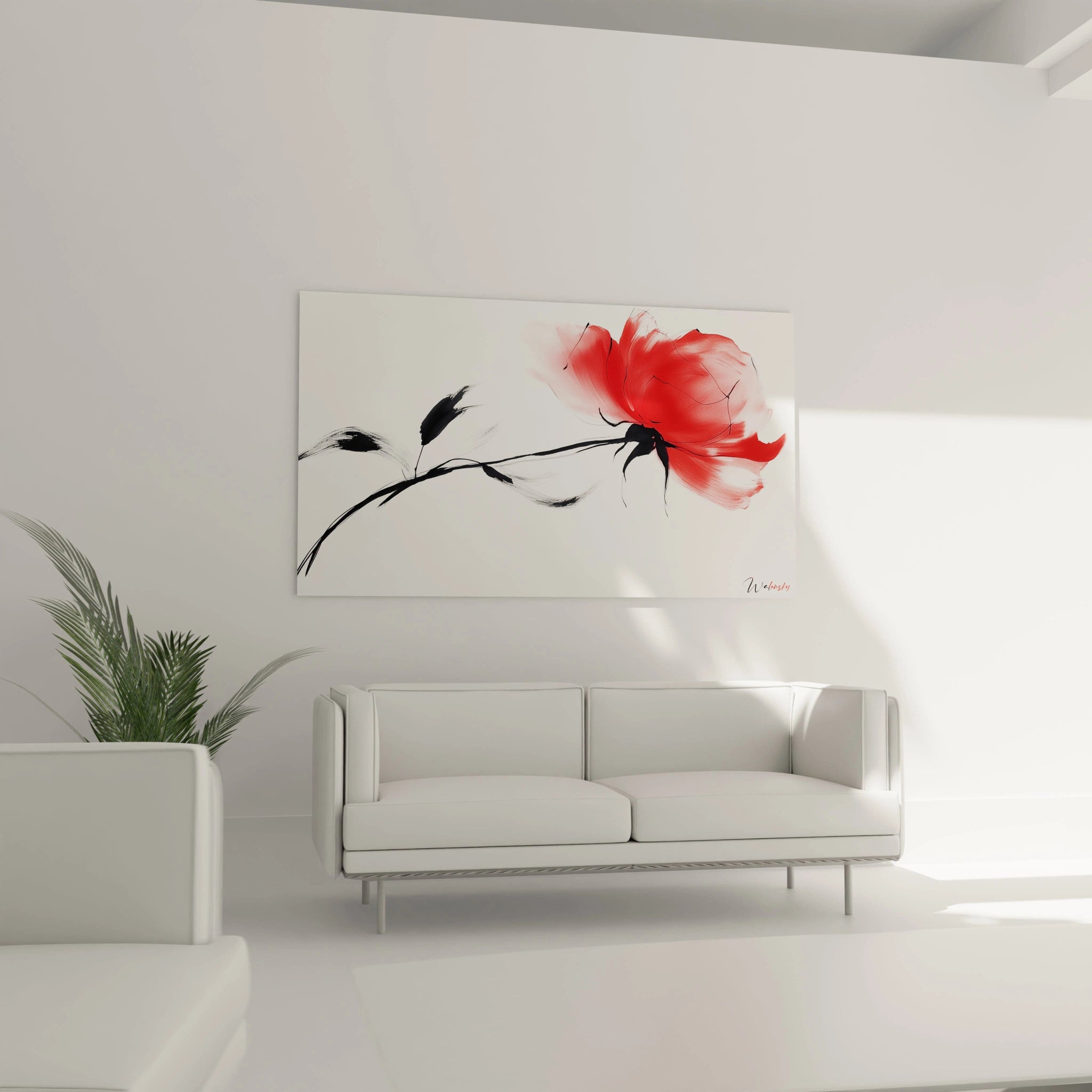 Un tableau rose nature représentant une fleur abstraite en rouge et noir, avec des tracés en mouvement et des effets de transparence, contrastant avec un fond blanc immaculé.