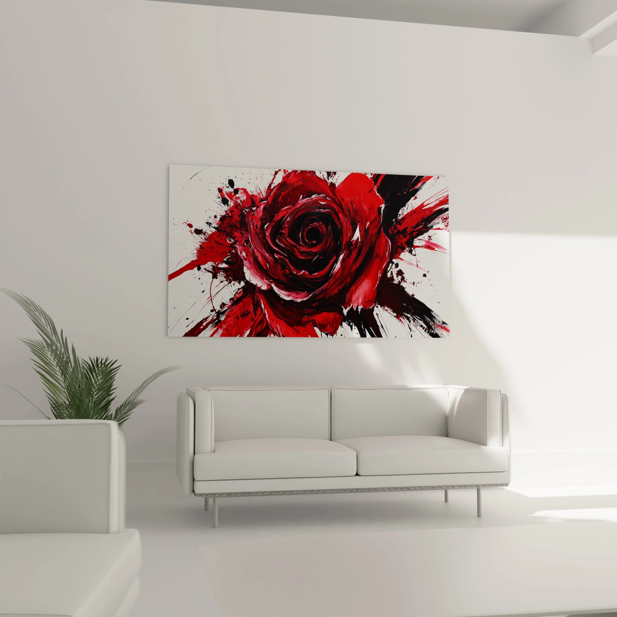 Un tableau rose nature illustrant une rose en gros plan, aux pétales rouge vif bordés de noir, avec des textures épaisses et des éclats de peinture dispersés sur un fond blanc épuré.