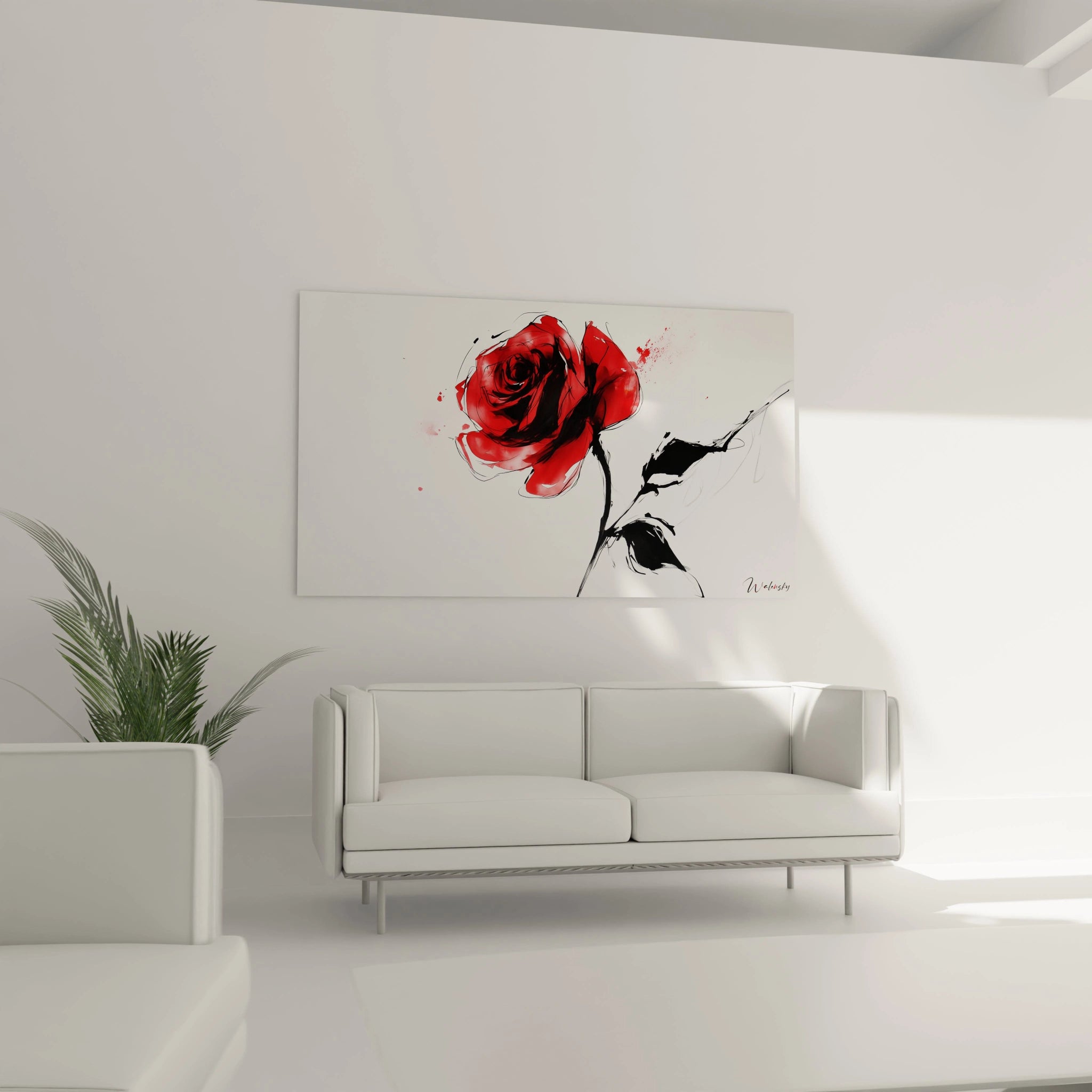 Un tableau rose nature mettant en scĂšne une rose rouge Ă©clatante, soulignĂ©e par des traits noirs et des formes Ă©purĂ©es. Le fond blanc accentue les contrastes et la structure graphique de lâimage.