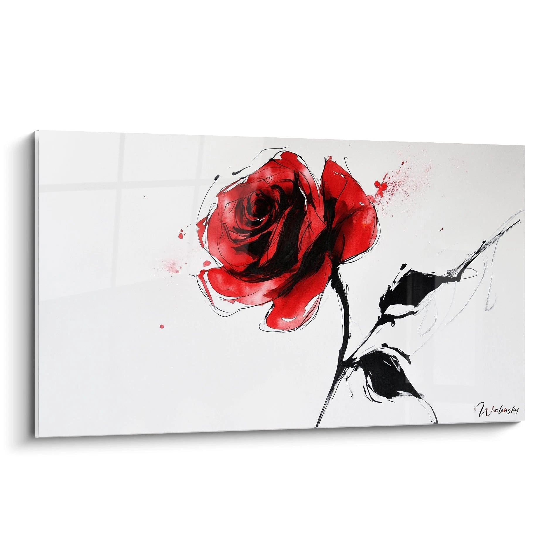 Un tableau rose nature reprĂ©sentant une rose stylisĂ©e en rouge et noir, avec des traits esquissĂ©s et un fond blanc Ă©purĂ©. Des touches dâencre et des contrastes marquĂ©s crĂ©ent un effet dynamique.