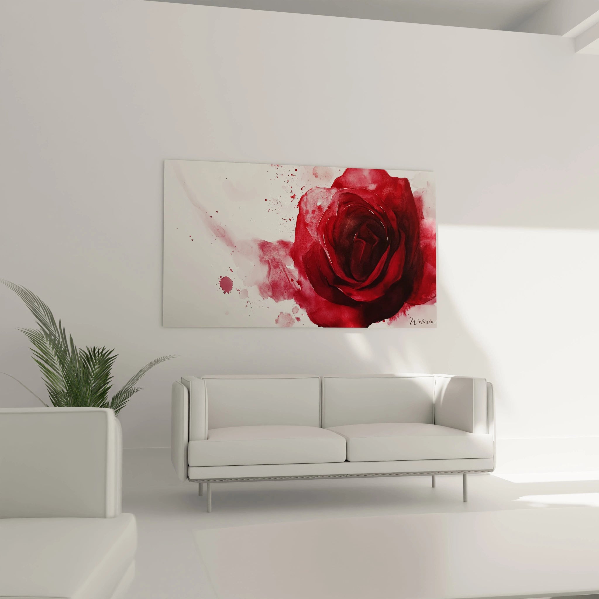 Un tableau rose nature montrant une rose stylisée en rouge foncé sur fond clair, avec des textures aquarellées et des zones de peinture saturée, accentuant les contrastes visuels.