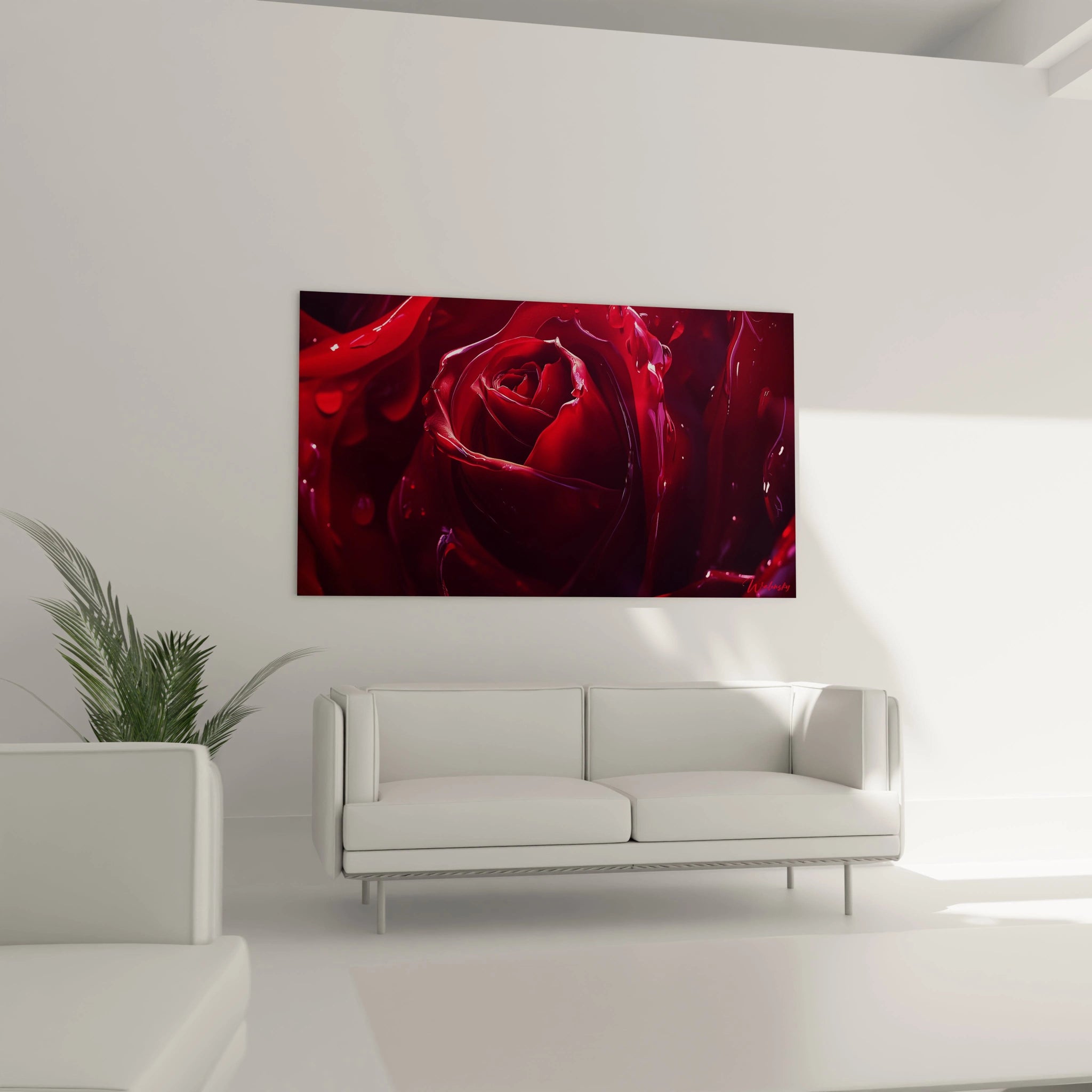 Un tableau rose nature détaillant une rose en rouge profond, avec des ombres noires et des reflets bronze, mettant en avant des textures fluides et un effet miroitant sur les pétales.