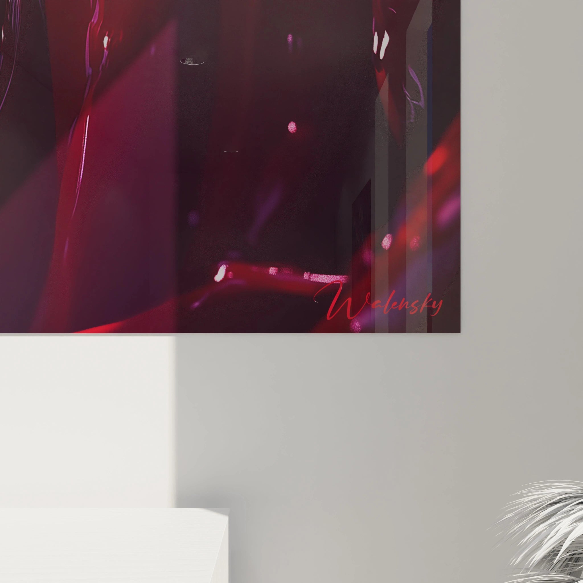 Un tableau rose nature illustrant une rose aux teintes rouges et reflets sombres, oĂč des textures lisses et liquides se combinent pour souligner les jeux de lumiĂšre et dâombre sur la surface.