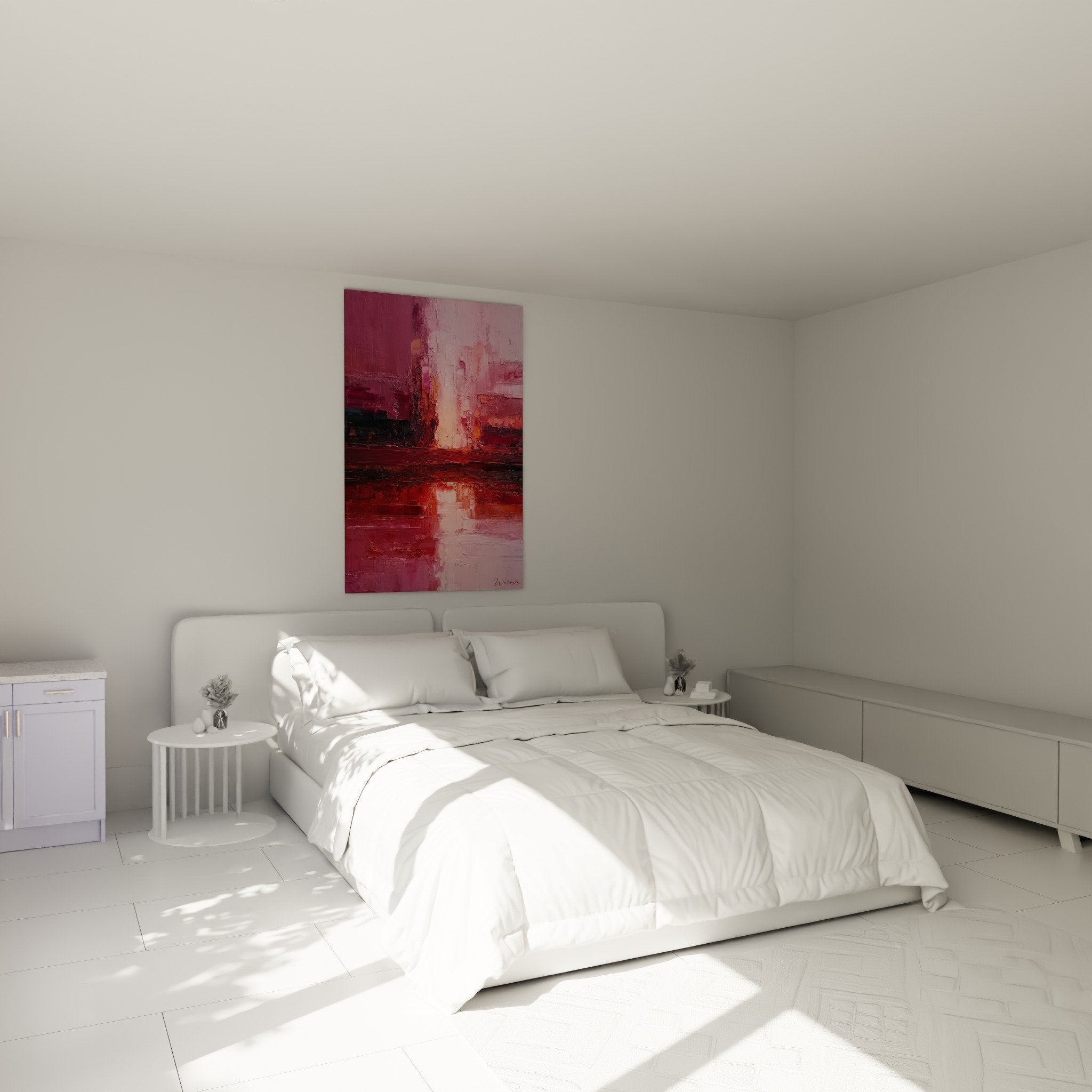 tableau abstrait rose rouge dans chambre ambiance chaleureuse feng shui decoratif
