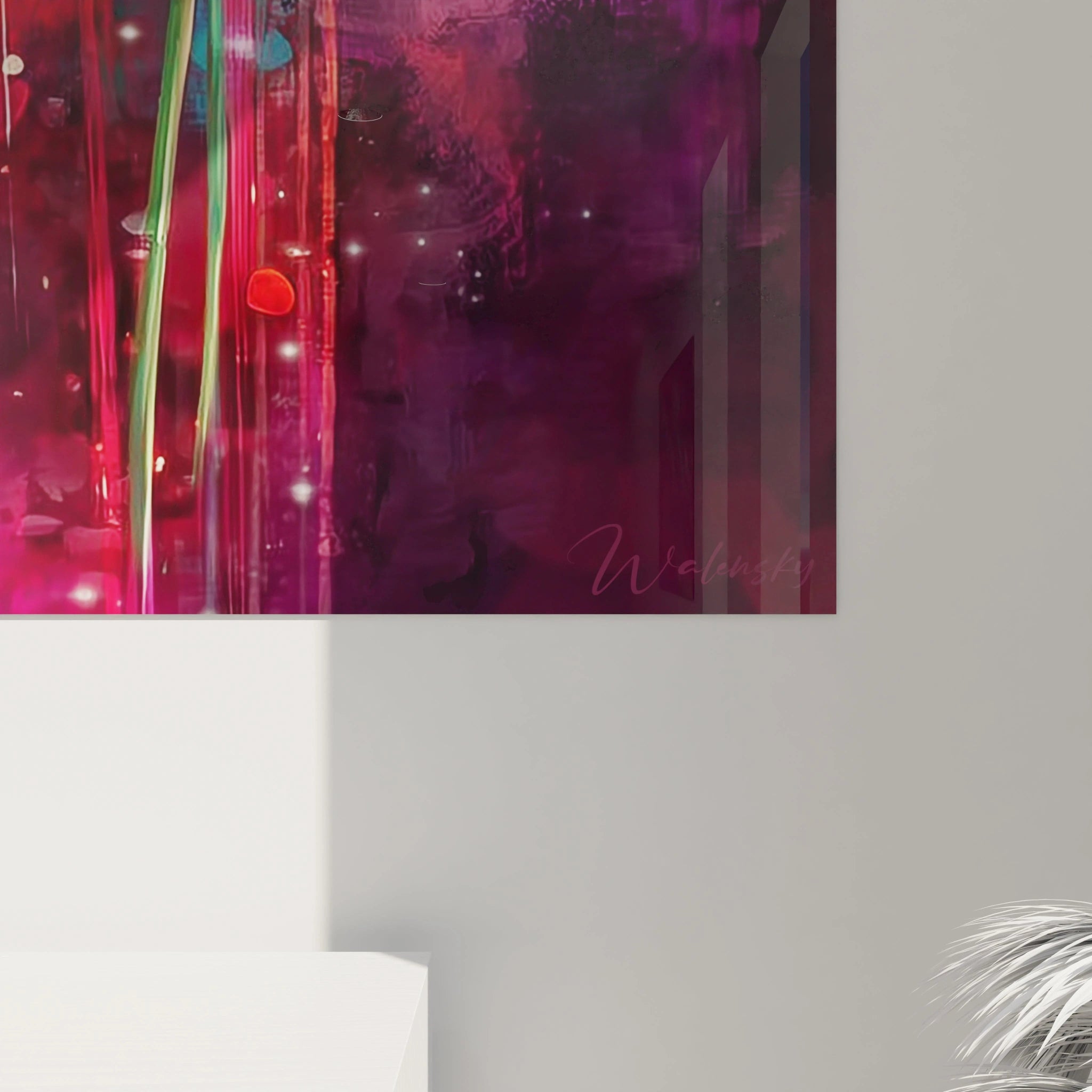 tableau rose amour Walensky tableau mural abstrait rose fuchsia avec touches vertes et coeurs decoratifs