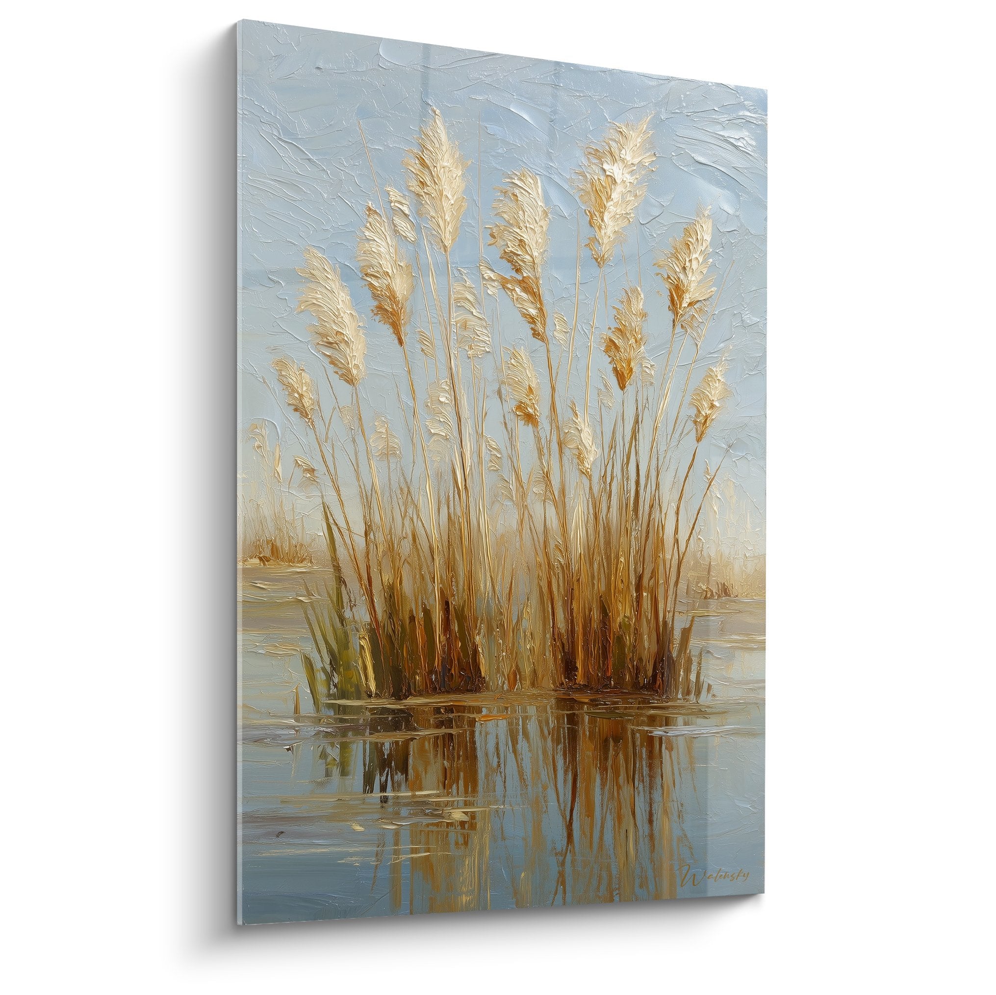 Tableau peinture roseaux dores reflets eau toile texturee tons beiges bleus ambiance nature aquatique graminées