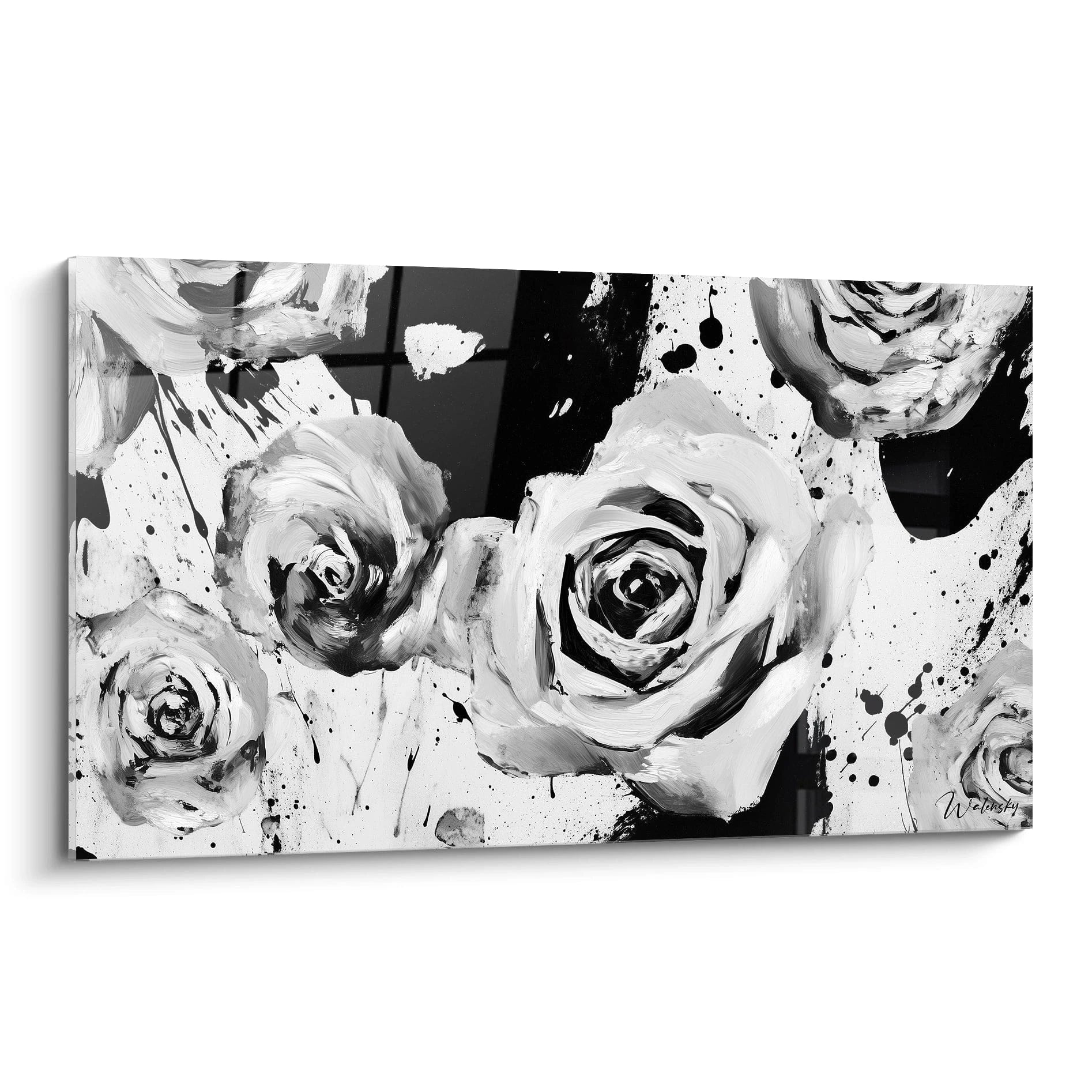 Tableau tacheté noir et blanc avec des roses stylisées de Walensky pour décoration moderne