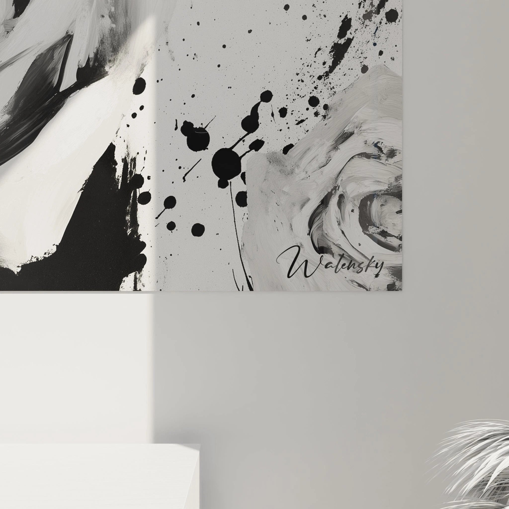 Tableau tacheté noir et blanc de Walensky avec motifs abstraits et touches de peinture