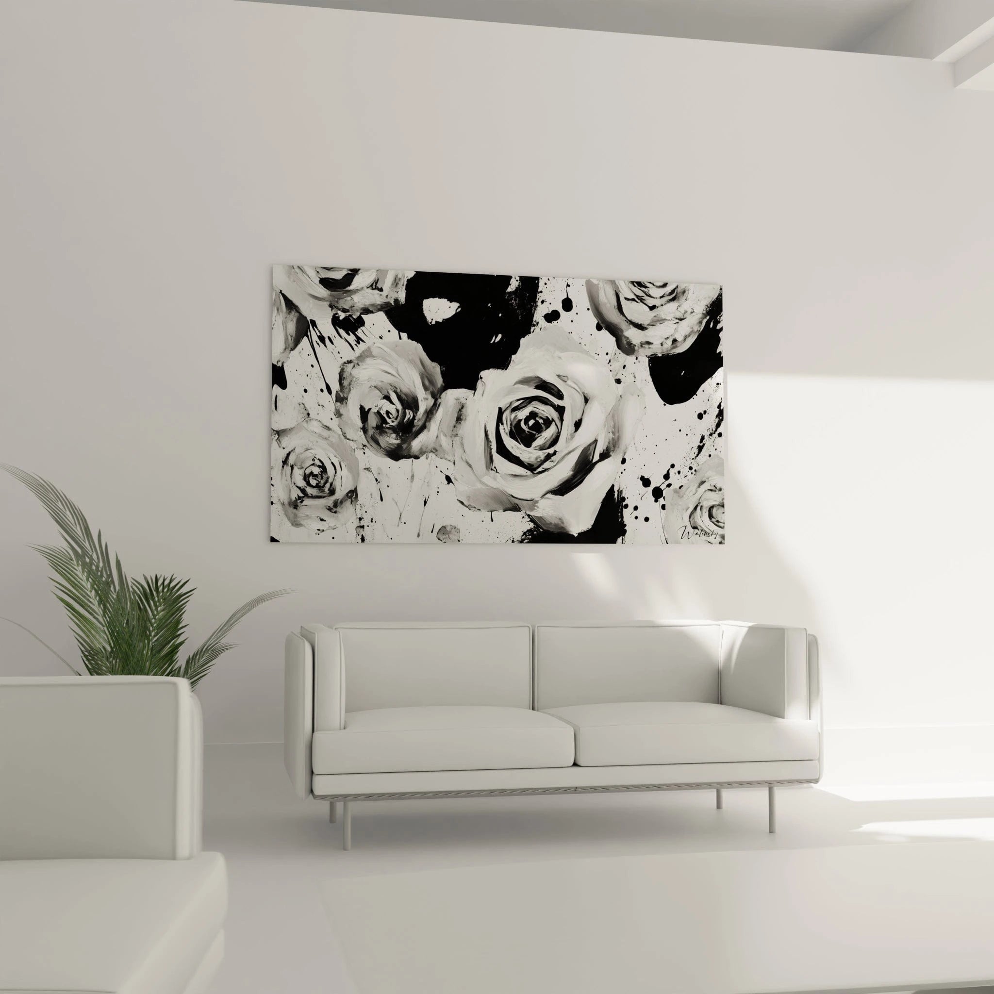 Tableau tacheté noir et blanc de roses par Walensky, parfait pour une décoration moderne.
