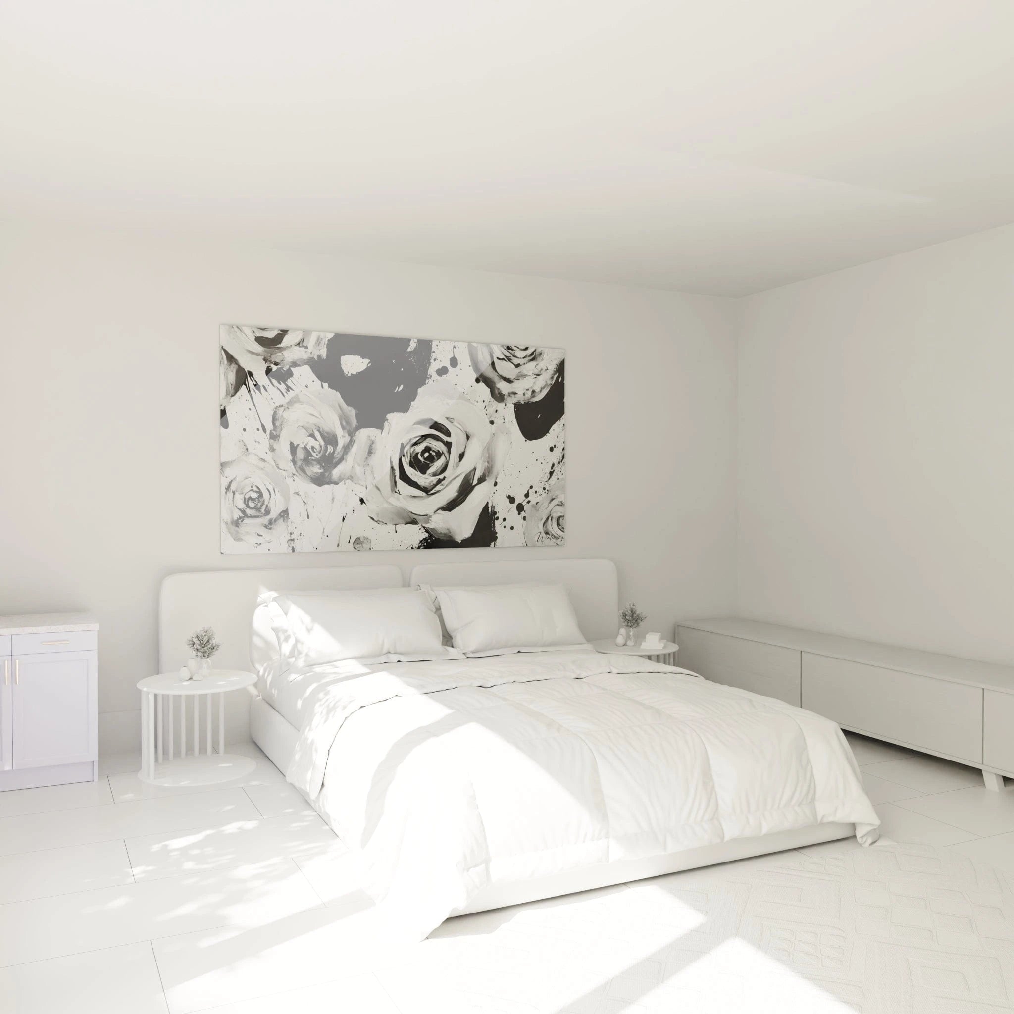 Tableau tacheté noir et blanc de Walensky avec des motifs de roses pour une décoration moderne de chambre