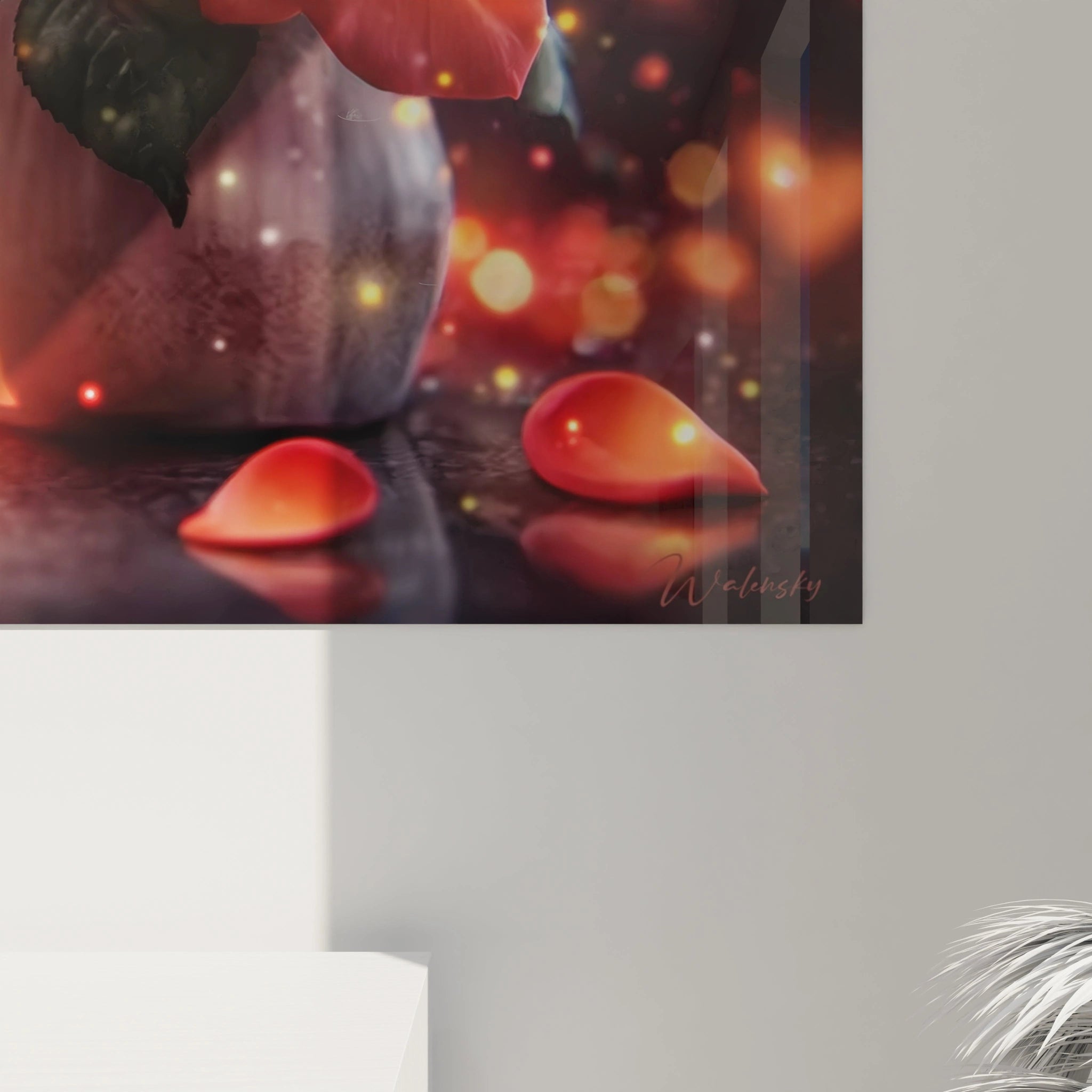 Tableau mural Walensky tableau roses éternelles gros plan pétales rouges vase et lumières bokeh pour déco intérieure