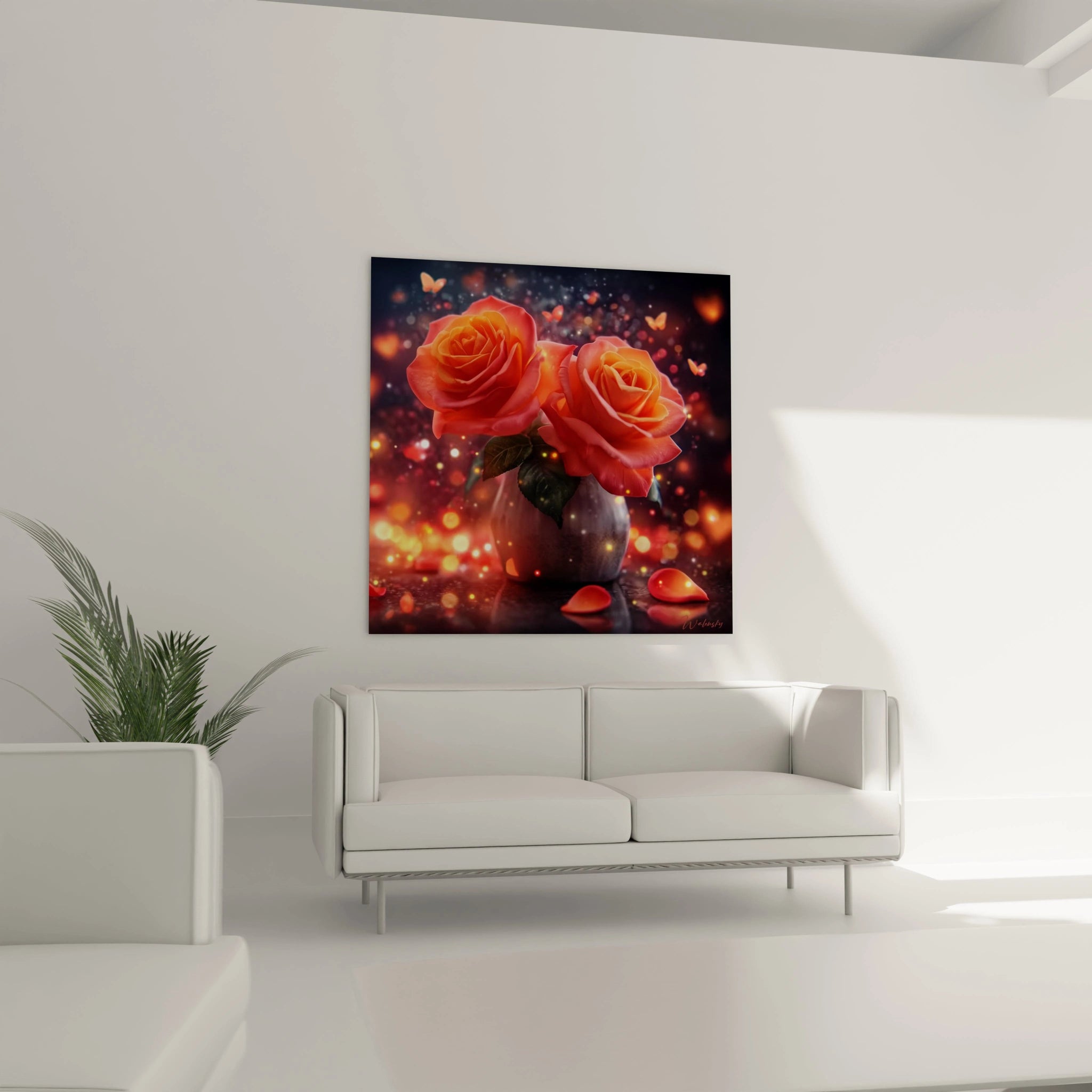 tableau roses éternelles Walensky affichant deux grandes roses orange en vase sur fond bokeh lumineux pour décoration murale salon