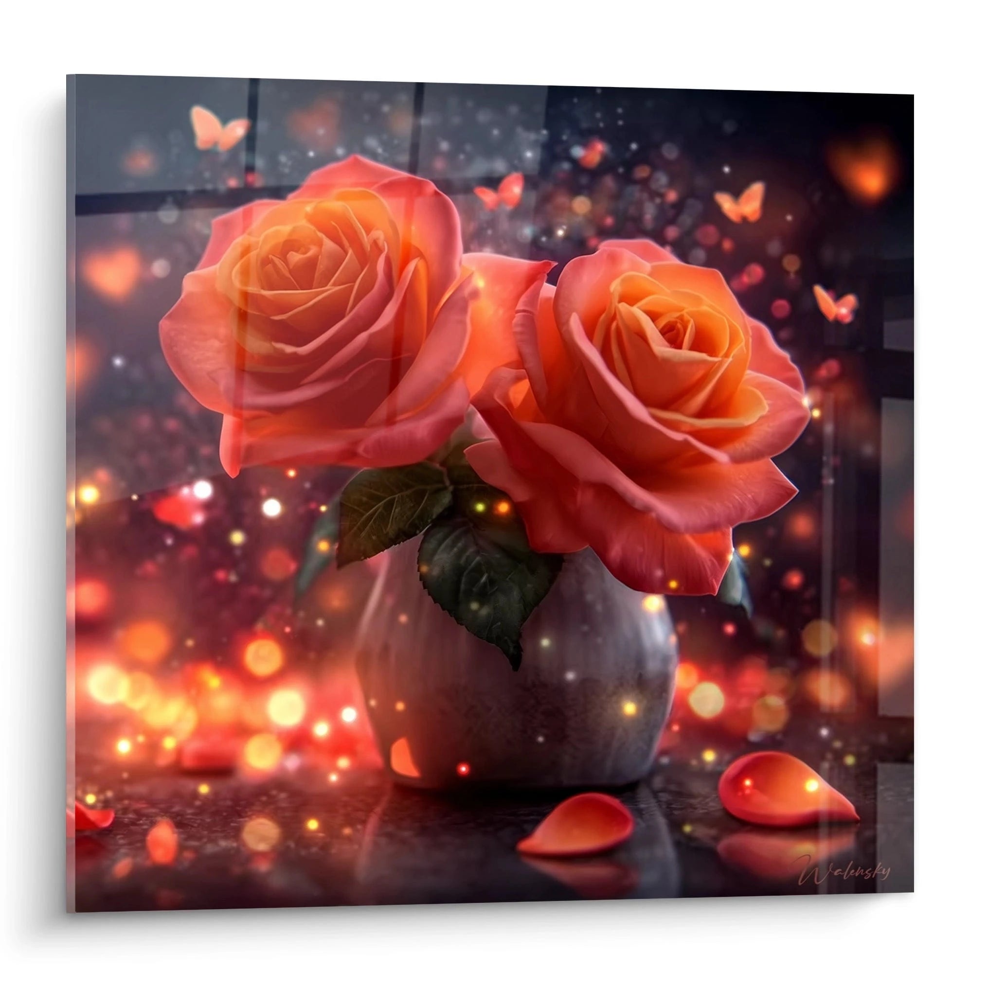 Walensky tableau roses éternelles montrant deux roses corail en vase avec pétales et lumière bokeh