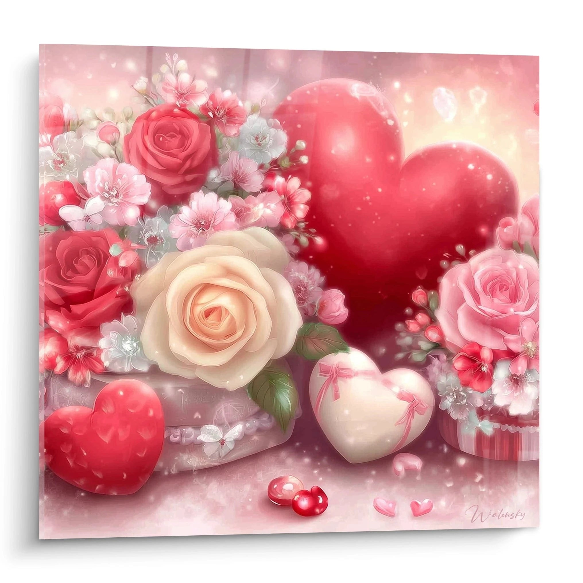 Walensky tableau roses saint valentin mural romantique avec bouquet de roses et coeurs roses