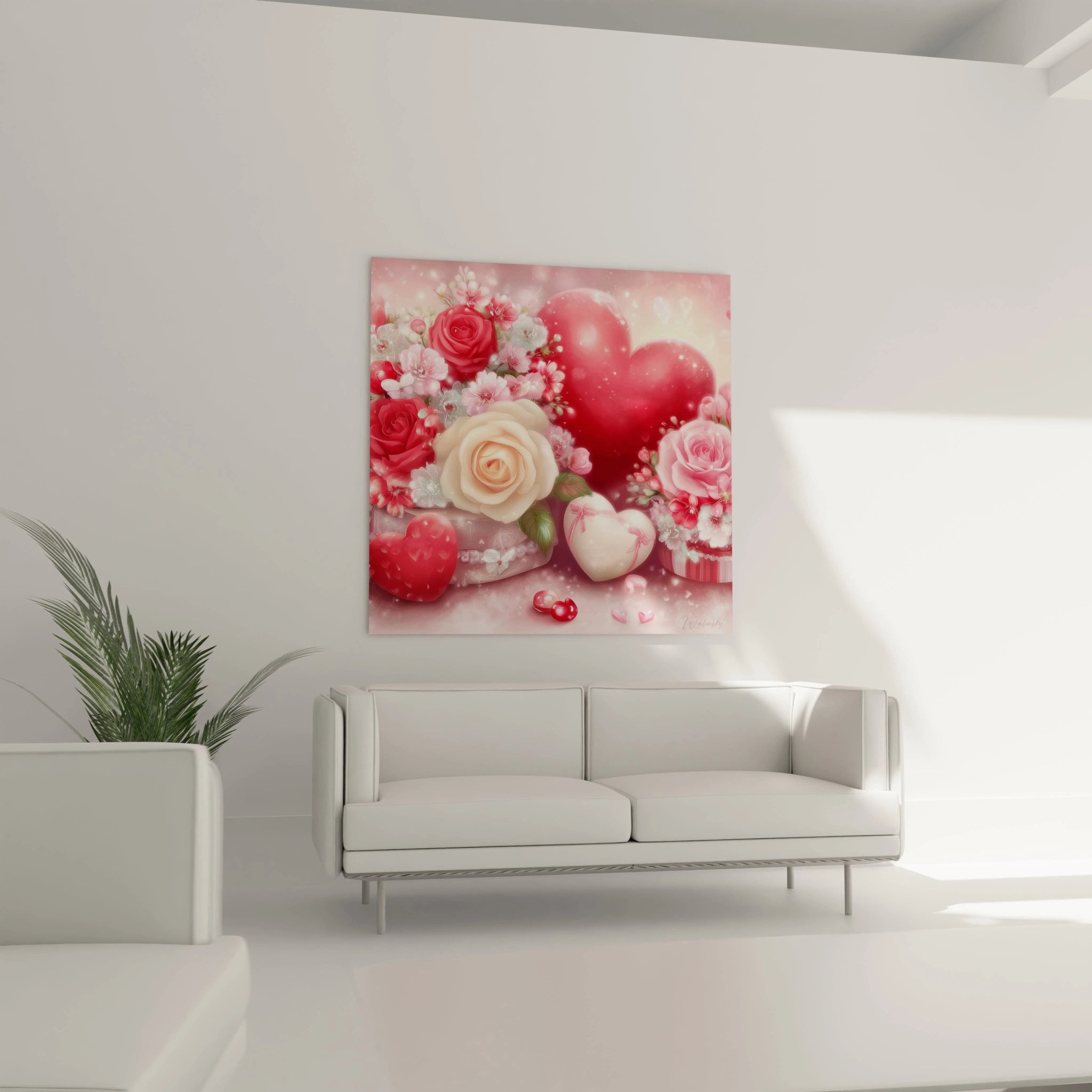Walensky tableau roses saint valentin mural carre avec coeurs et roses roses et blanches decor romantique