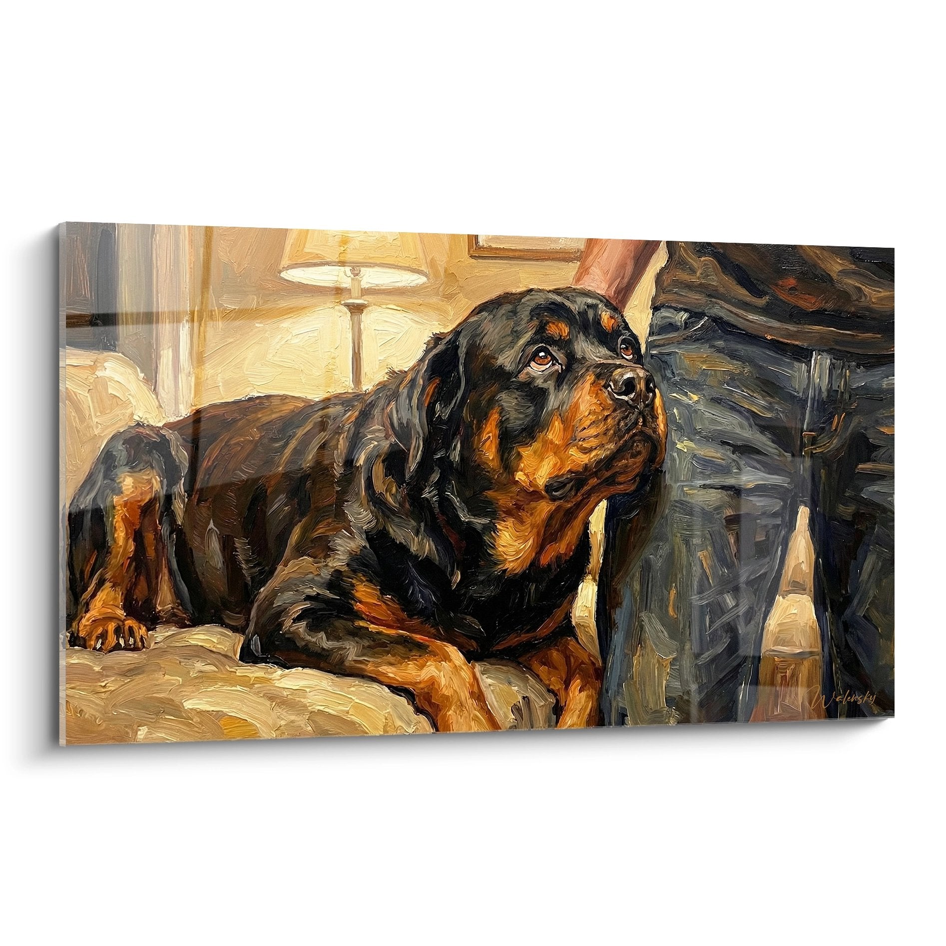 Tableau peinture Rottweiler noir et orange allongé regard expressif intérieur chaleureux tons dorés