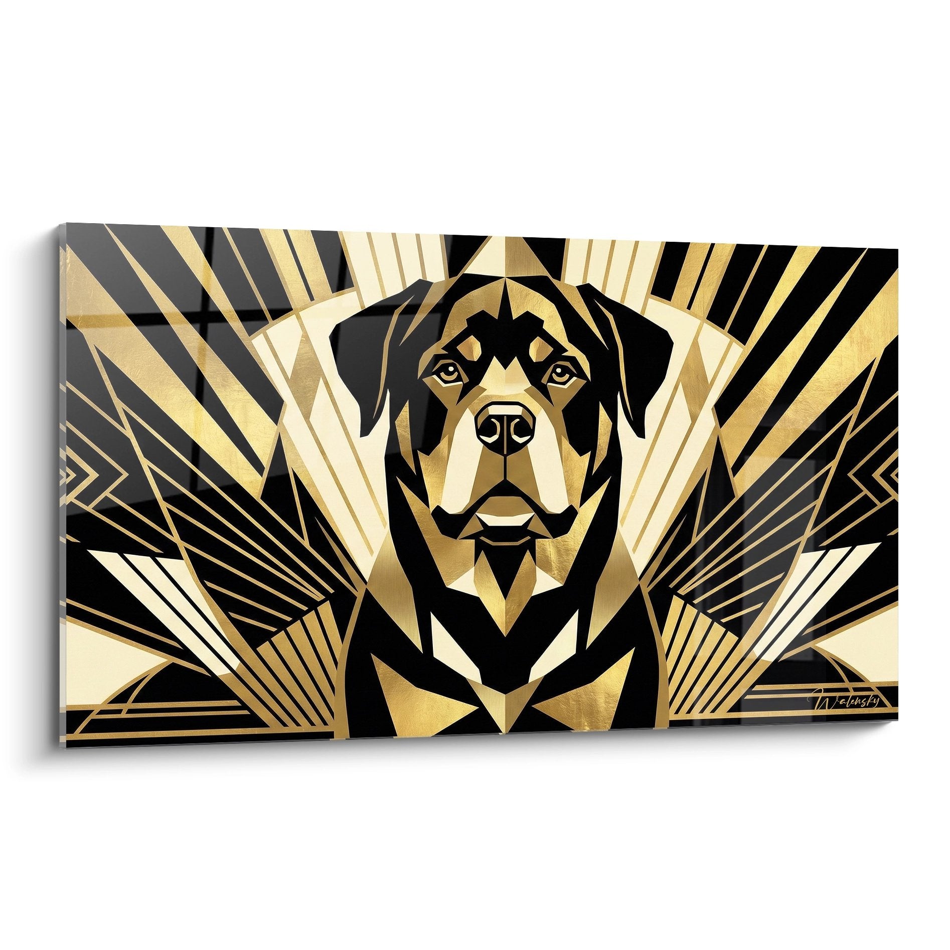 Portrait stylisé de Rottweiler en art déco doré et noir avec rayonnements géométriques dorés