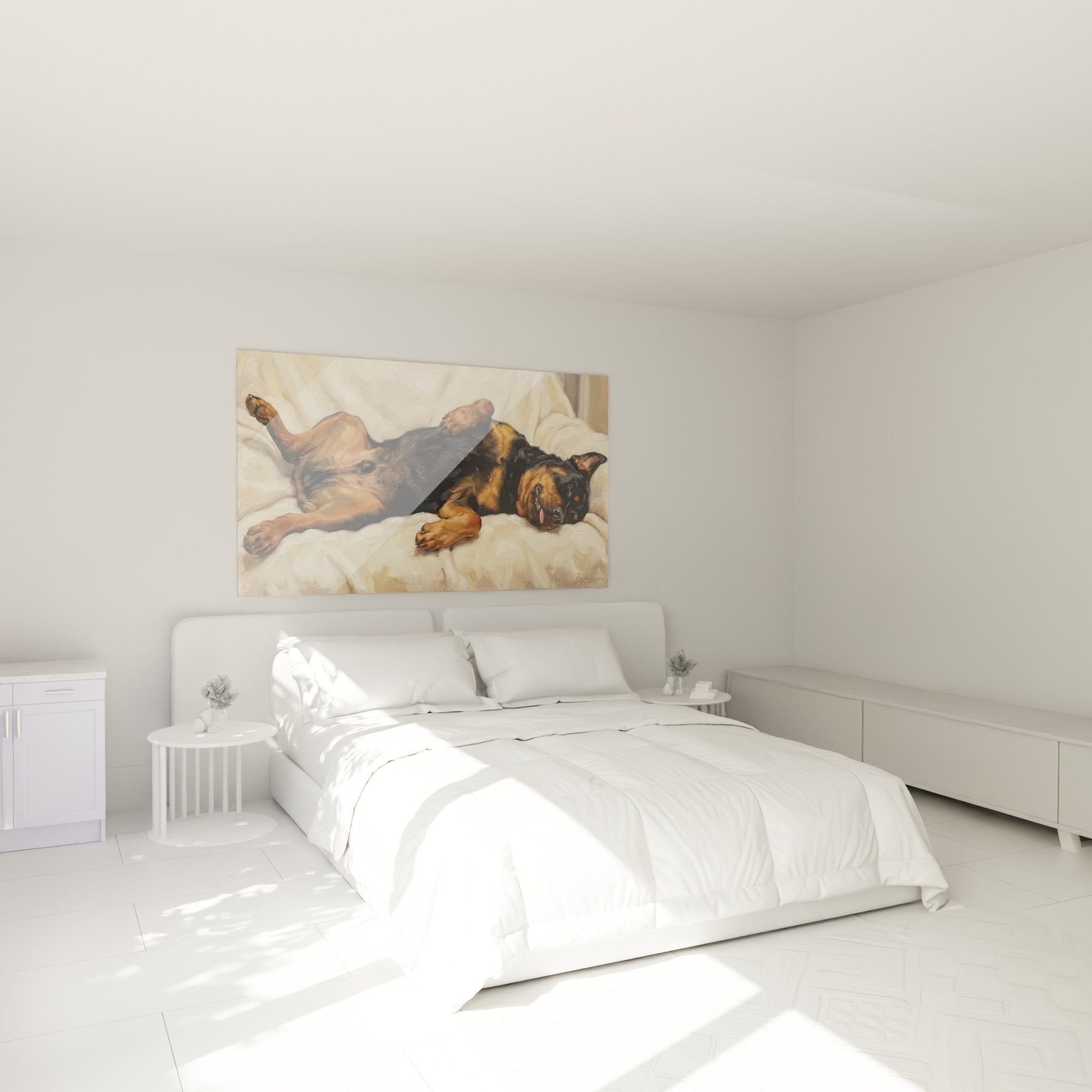 Tableau rottweiler paisible dans chambre moderne ambiance cocooning decoration murale apaisante