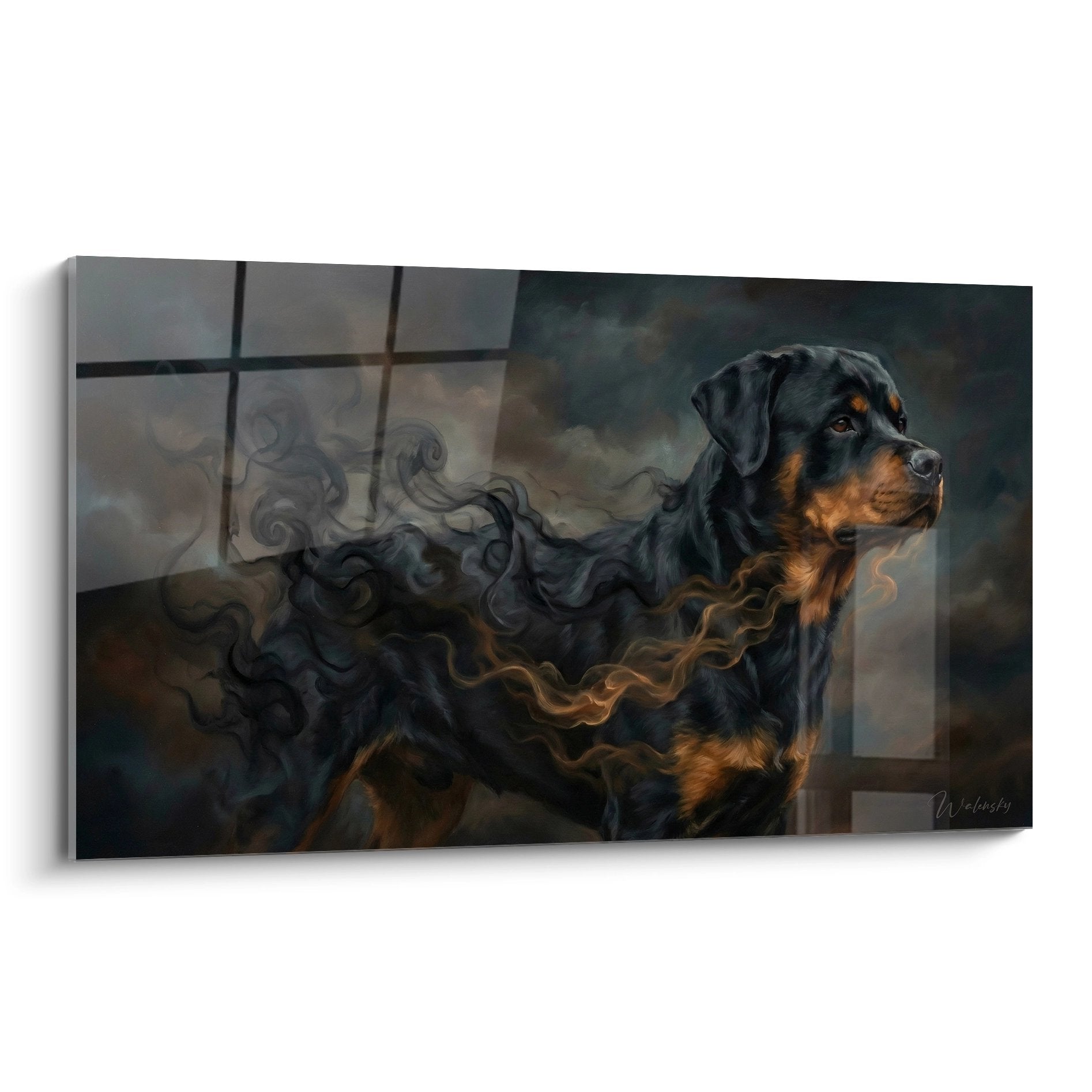 Tableau artistique Rottweiler entouré fumées dorées grises atmosphère mystique portrait chien majestueux