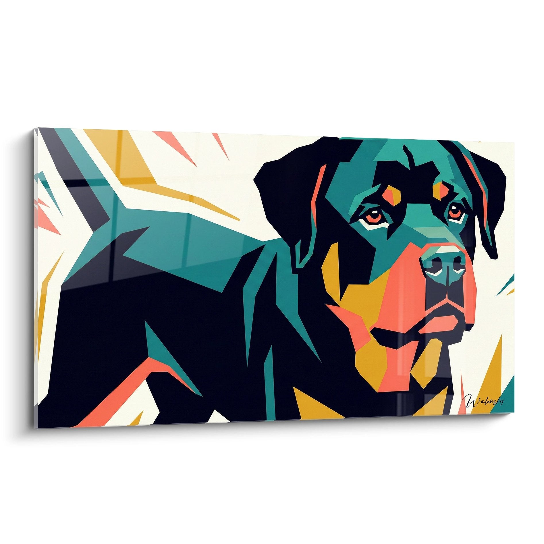 Portrait géométrique de Rottweiler aux couleurs turquoise et orange sur fond crème, style artistique moderne