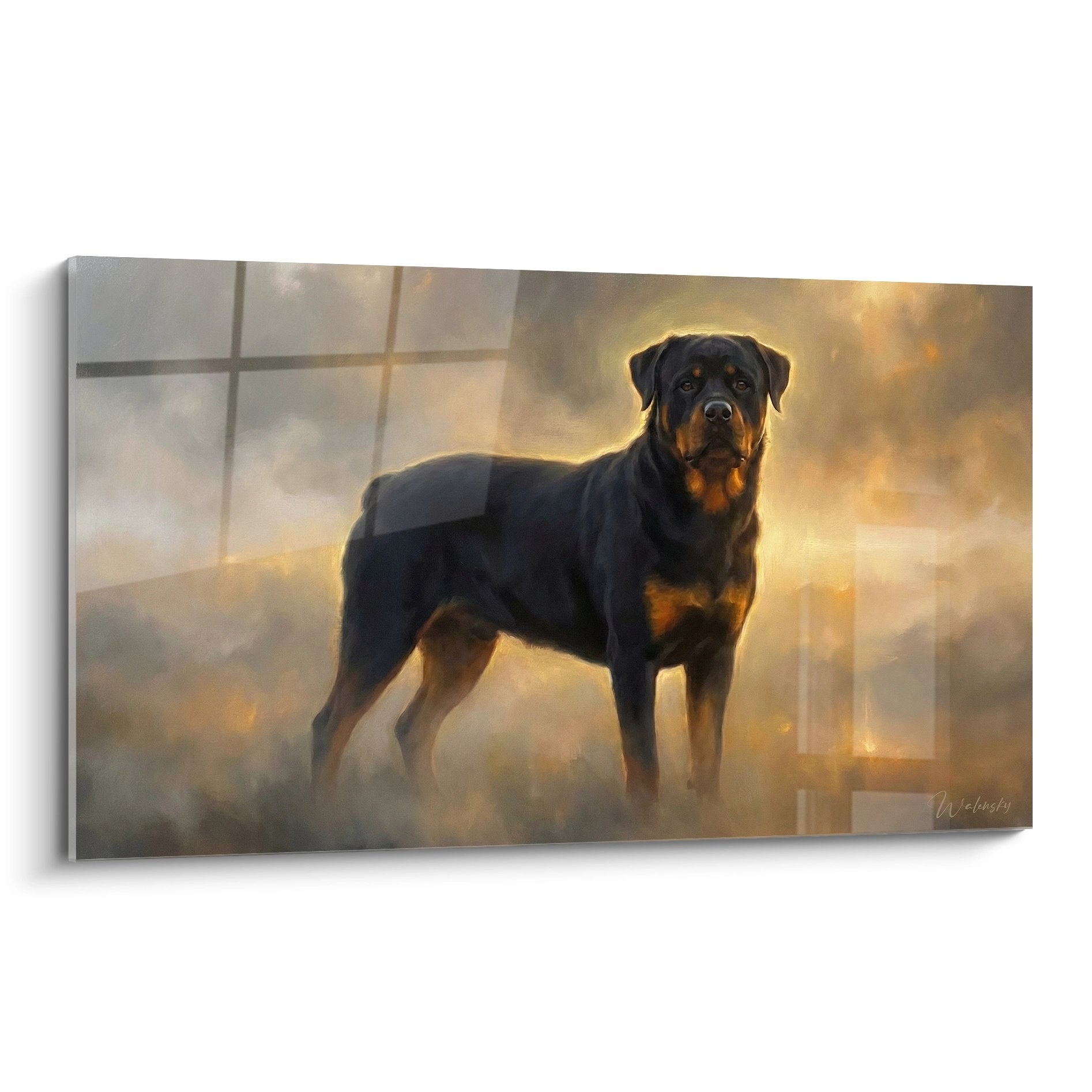Tableau rottweiler majestueux aux reflets dores baigne de lumiere chaude atmosphere noble
