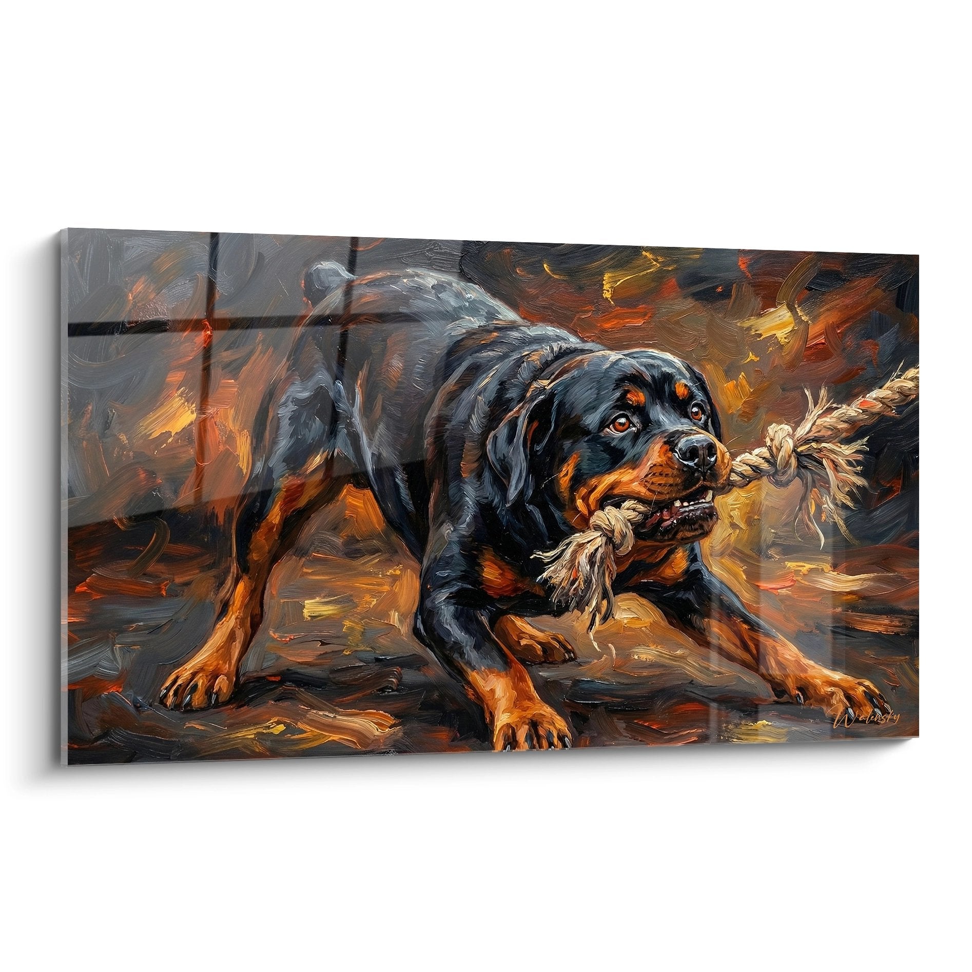 Tableau peinture Rottweiler noir et feu jouant avec corde tressée tons orangés dorés style impressionniste