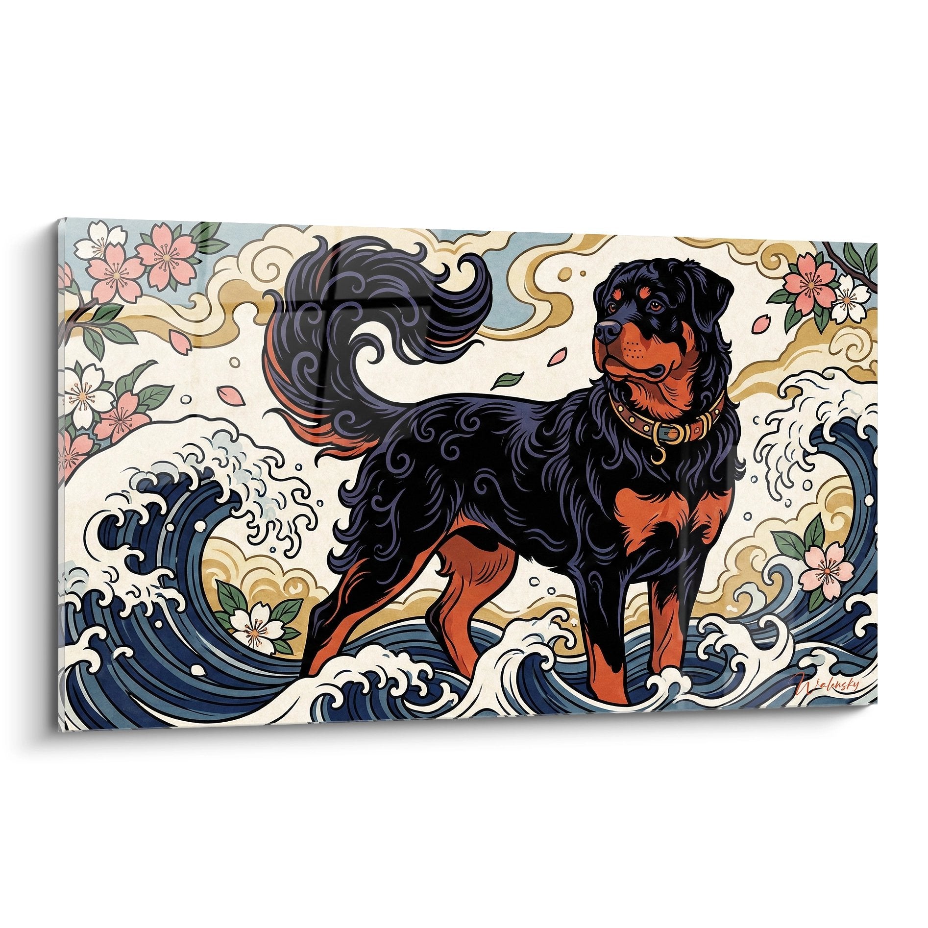 Tableau artistique Rottweiler noir et feu sur vagues bleues stylisées avec fleurs roses style japonais