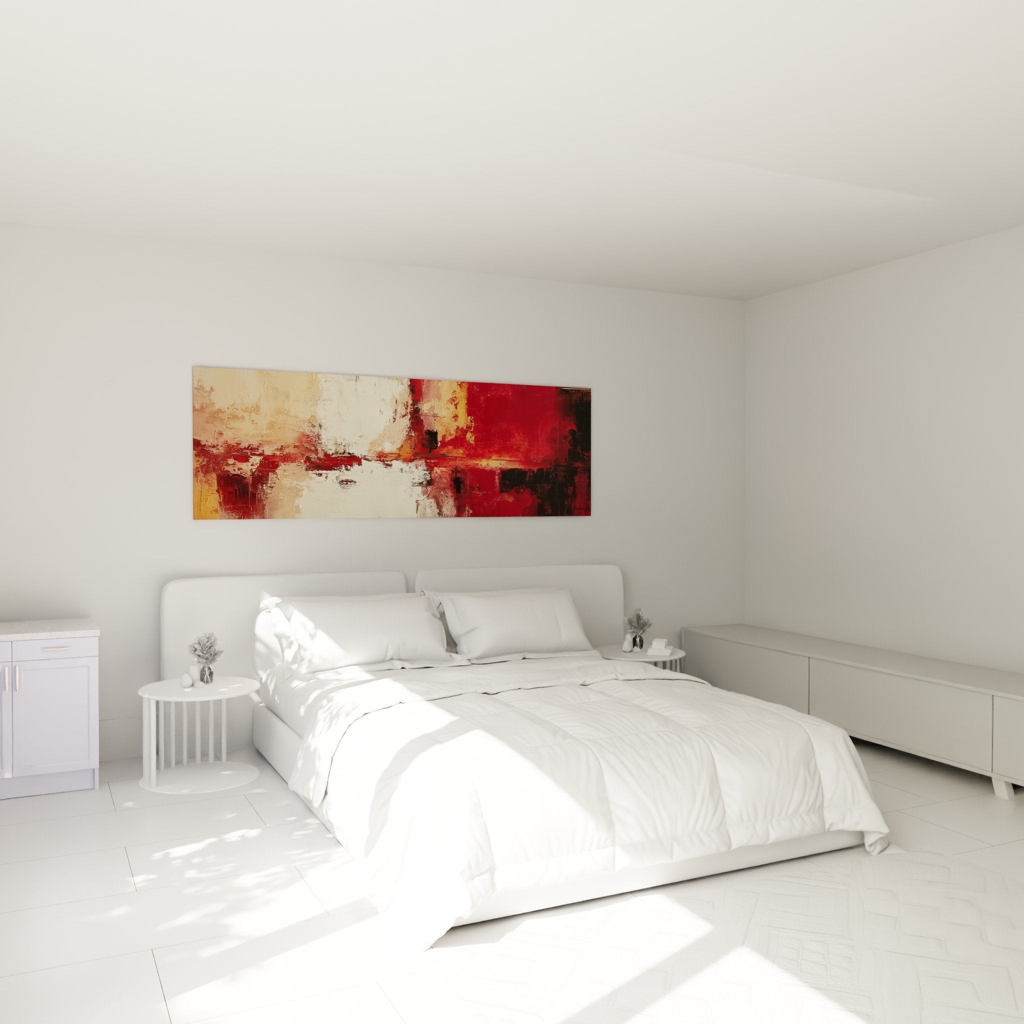Tableau rouge beige abstrait dans chambre moderne decoration feng shui sud feu