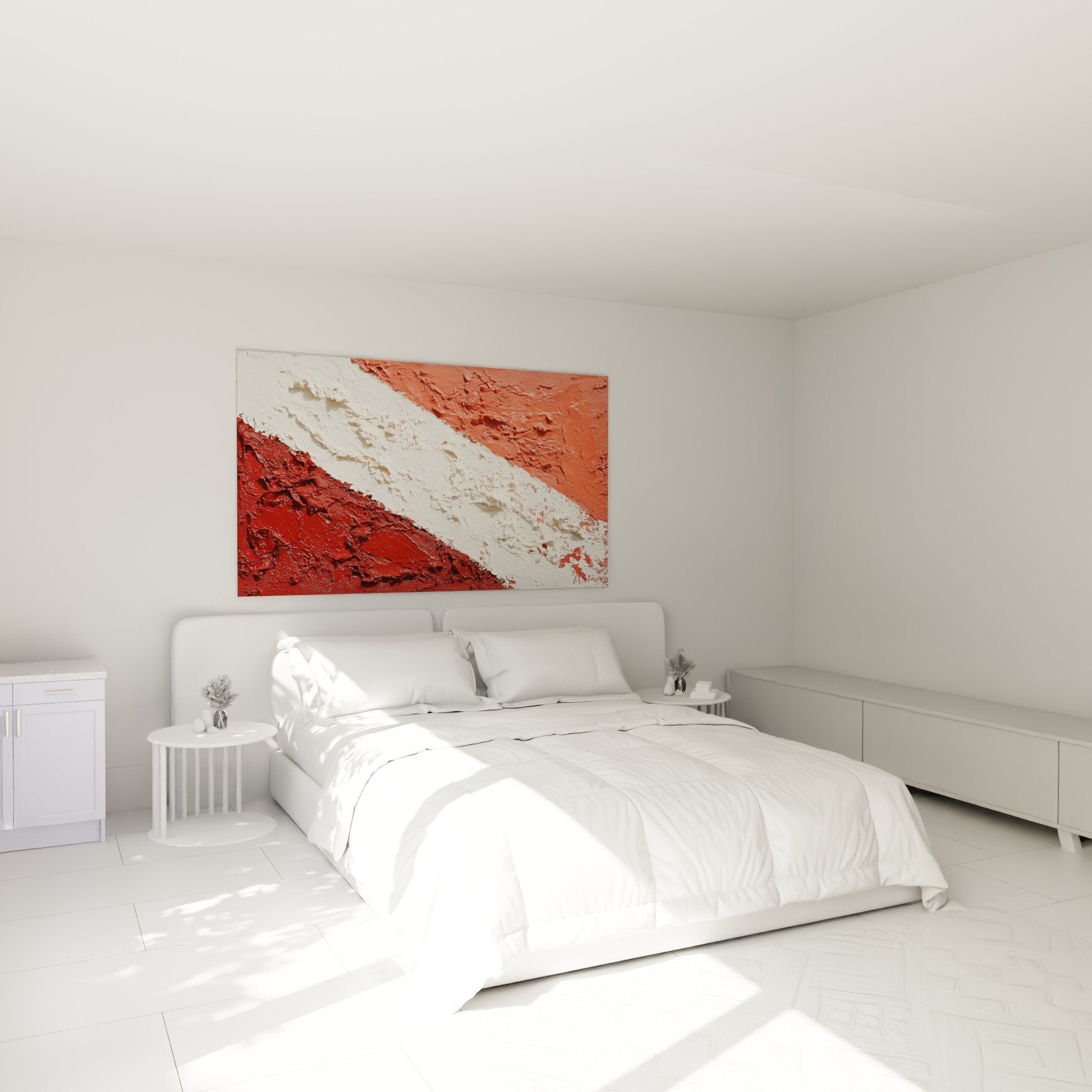 Tableau rouge blanc diagonal dans chambre moderne, decoration murale feng shui, art contemporain abstrait