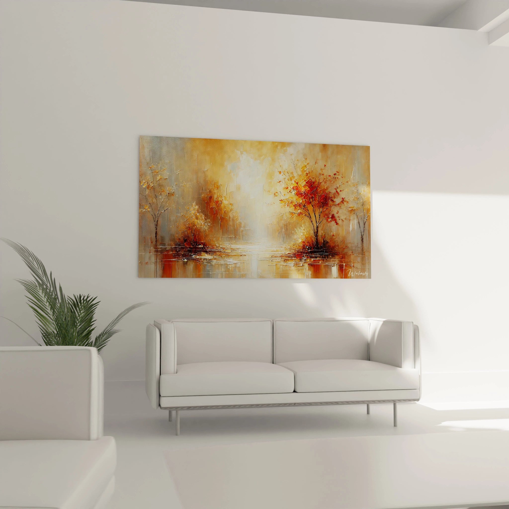 tableau Automne au-dessus d'un canapé dans le salon Il enveloppe l'espace de tons chaleureux et d'une aura naturelle Les teintes bronze et beige créent un effet immersif apaisant