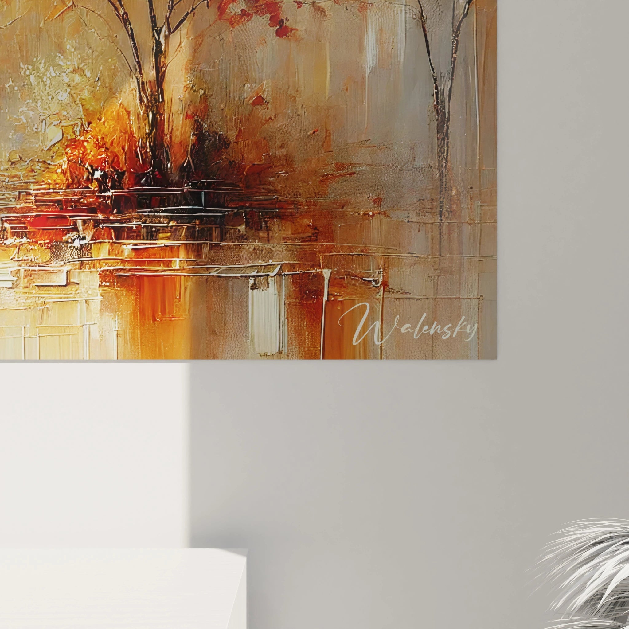 Vue de près du tableau Automne montrant les textures de pinceau et les nuances bronze orange et beige Ce tableau abstrait est une invitation à la rêverie et à la contemplation