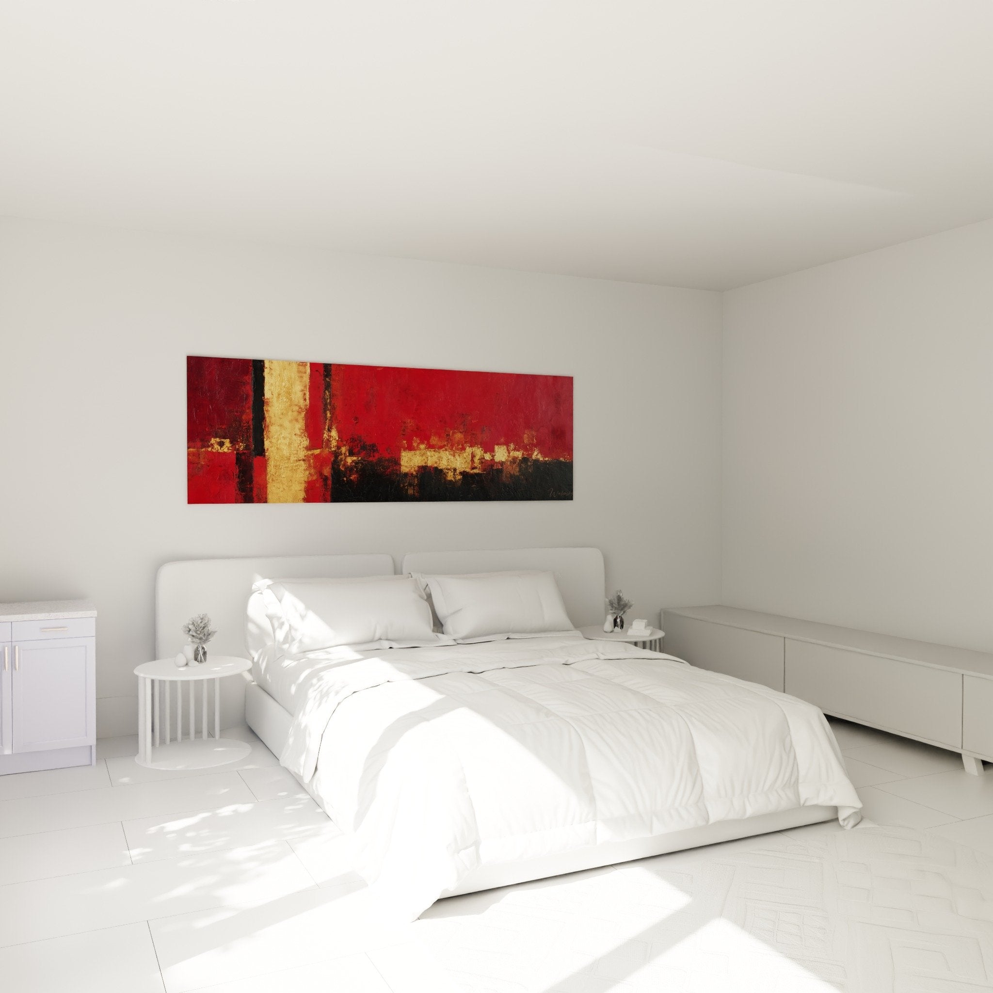 Tableau abstrait rouge or dans chambre moderne decoration feng shui sud feu