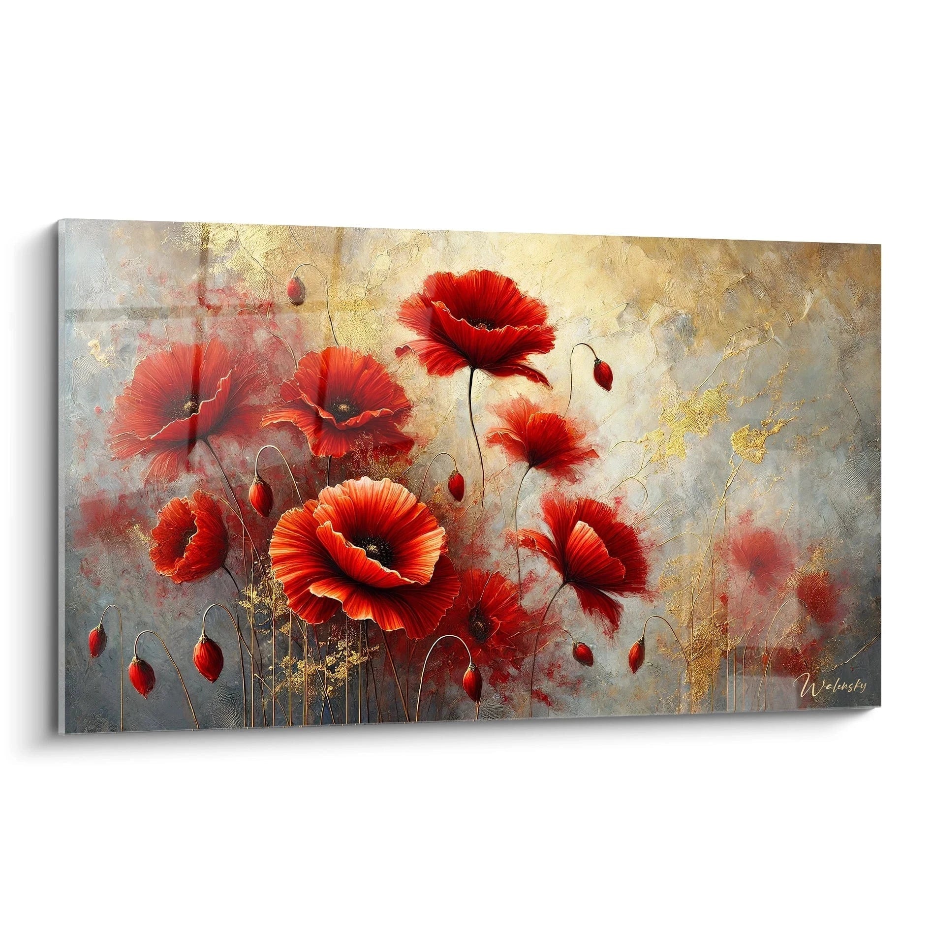 Admirez la splendeur de ce tableau Fleur vu de biais, ses coquelicots vibrant entre or et gris. Un souffle de vitalite et de dynamisme anime chaque petale avec elegance.