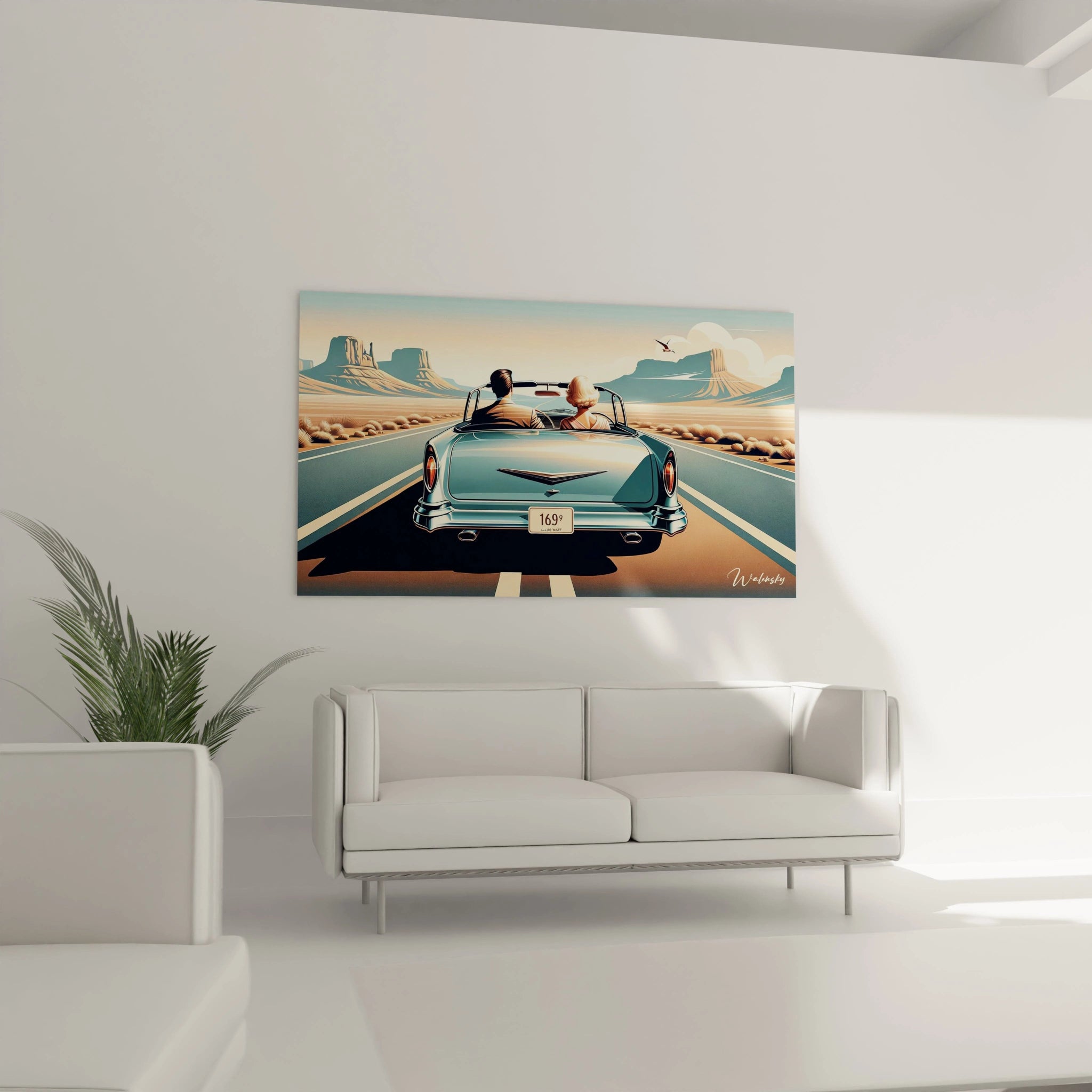 "Salon contemporain avec tableau en verre acrylique Pop Art / Rétro suspendu au-dessus du canapé. Art mural coloré et dynamique pour décoration intérieure de salon."