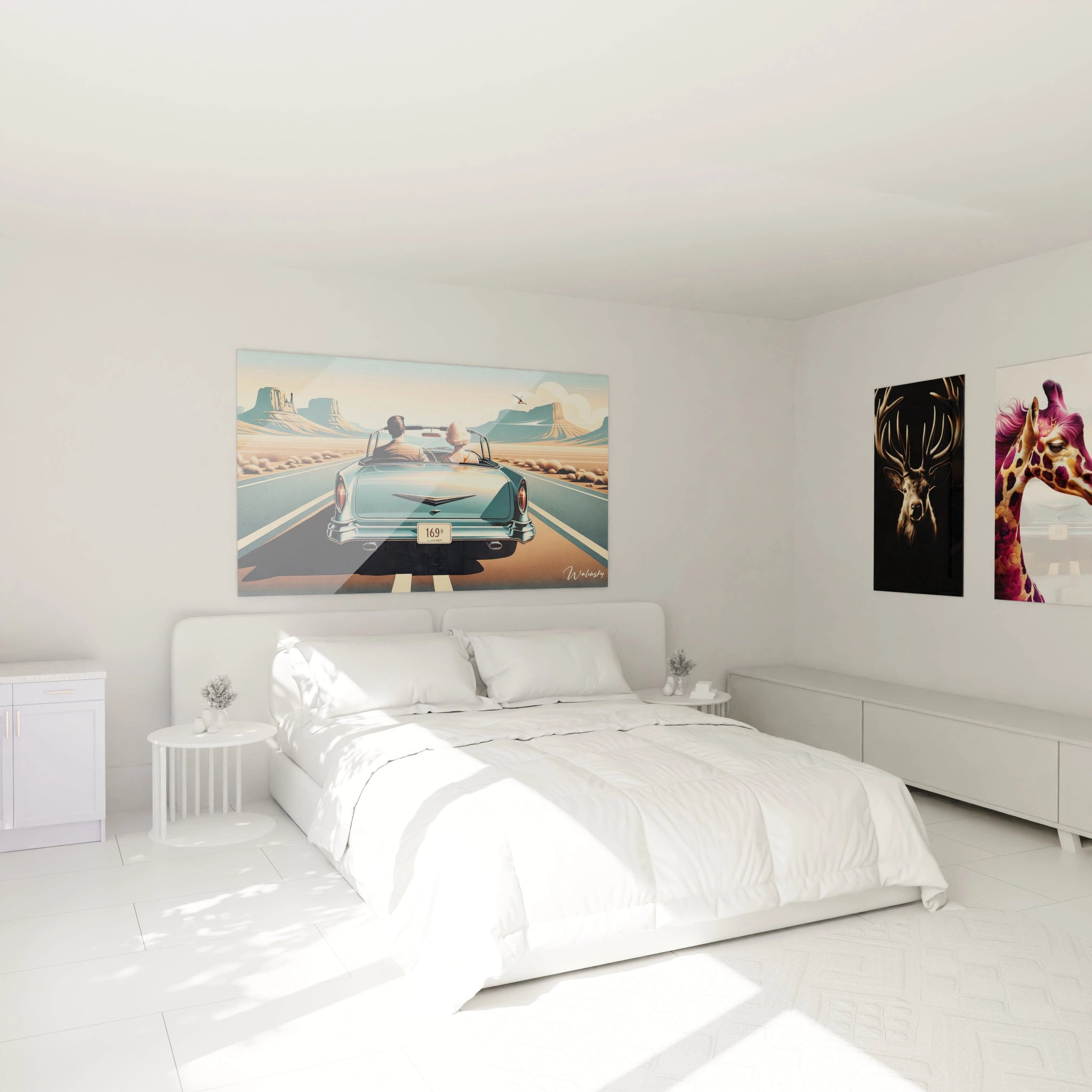 "Chambre élégante avec tableau en verre acrylique Pop Art / Rétro au-dessus du lit, ajoutant une touche artistique moderne. Décoration murale design pour chambre à coucher."