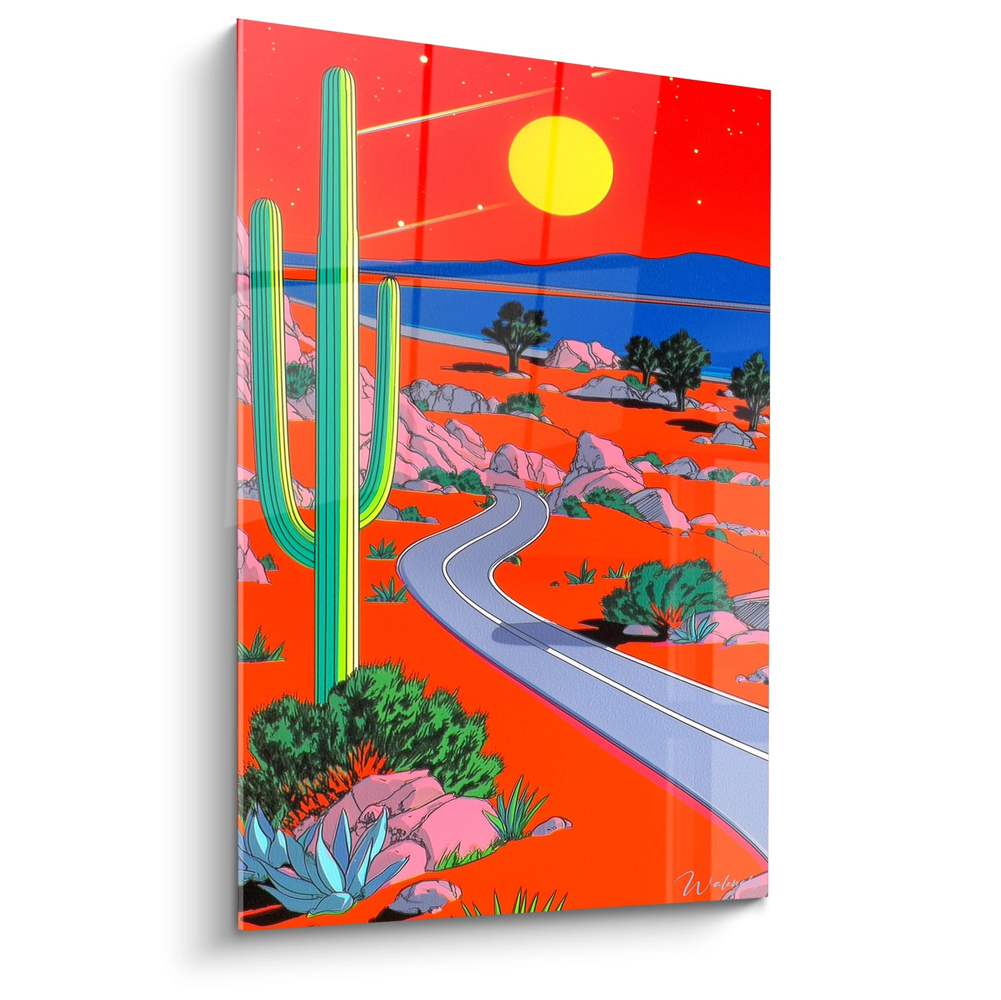 Tableau mural route désert Arizona cactus saguaro soleil couchant paysage coloré art moderne