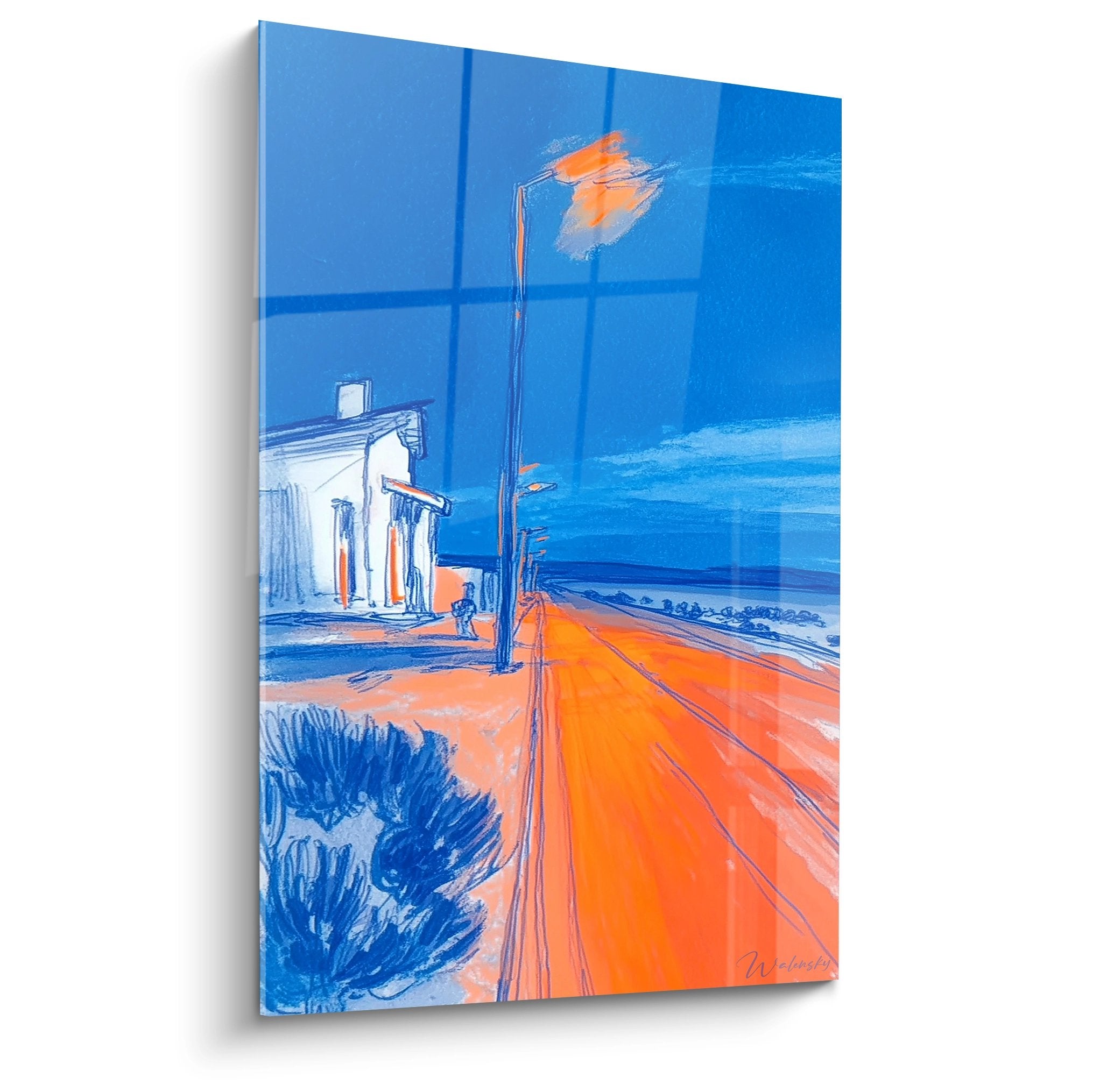 Tableau moderne route du désert aux tons bleu et orange avec palmiers et bâtiment