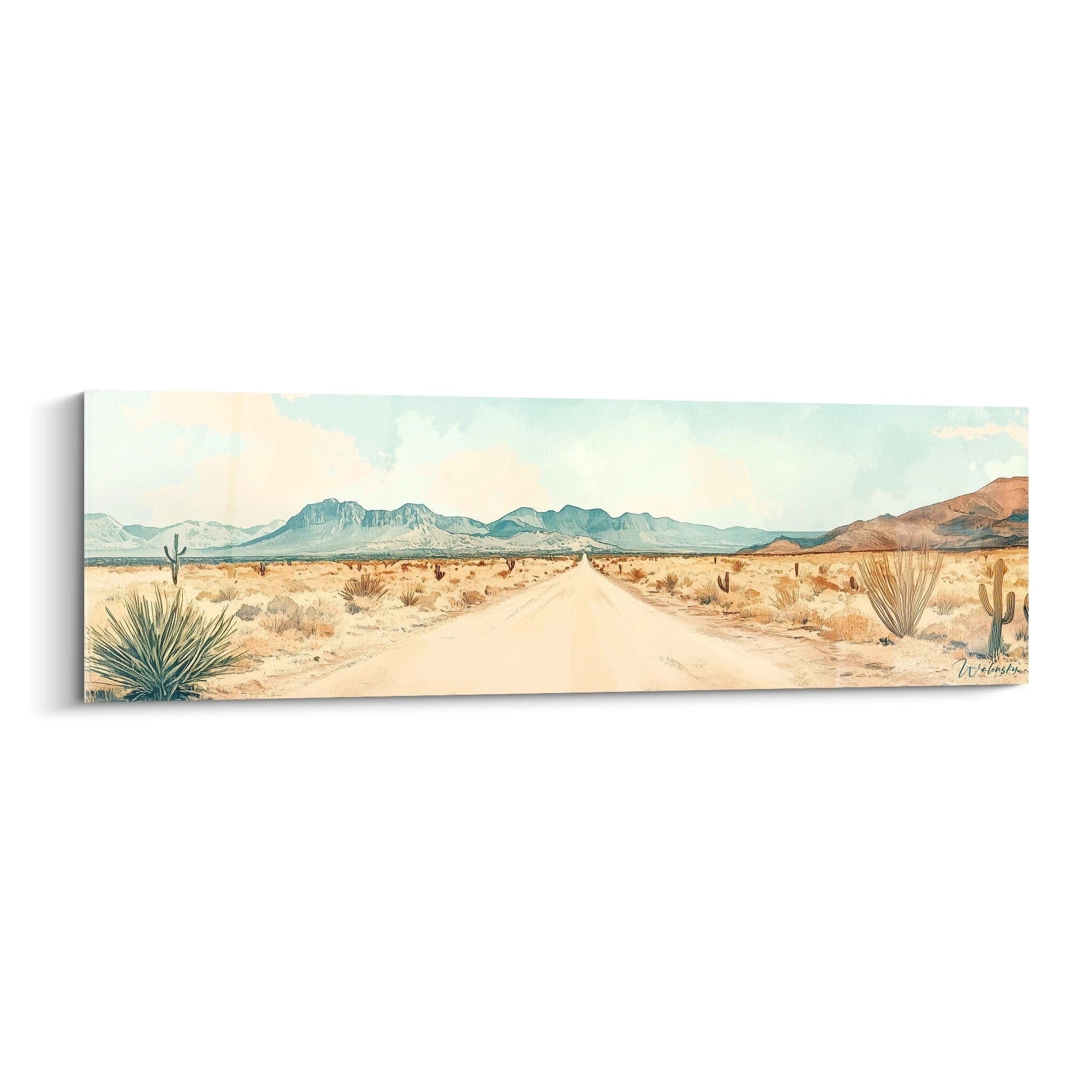 Un tableau désert présentant une route sableuse qui s'étend vers des montagnes bleutées à l'horizon, encadrée par des cactus saguaro épars sur terrain beige aride, sous un ciel pastel clair.