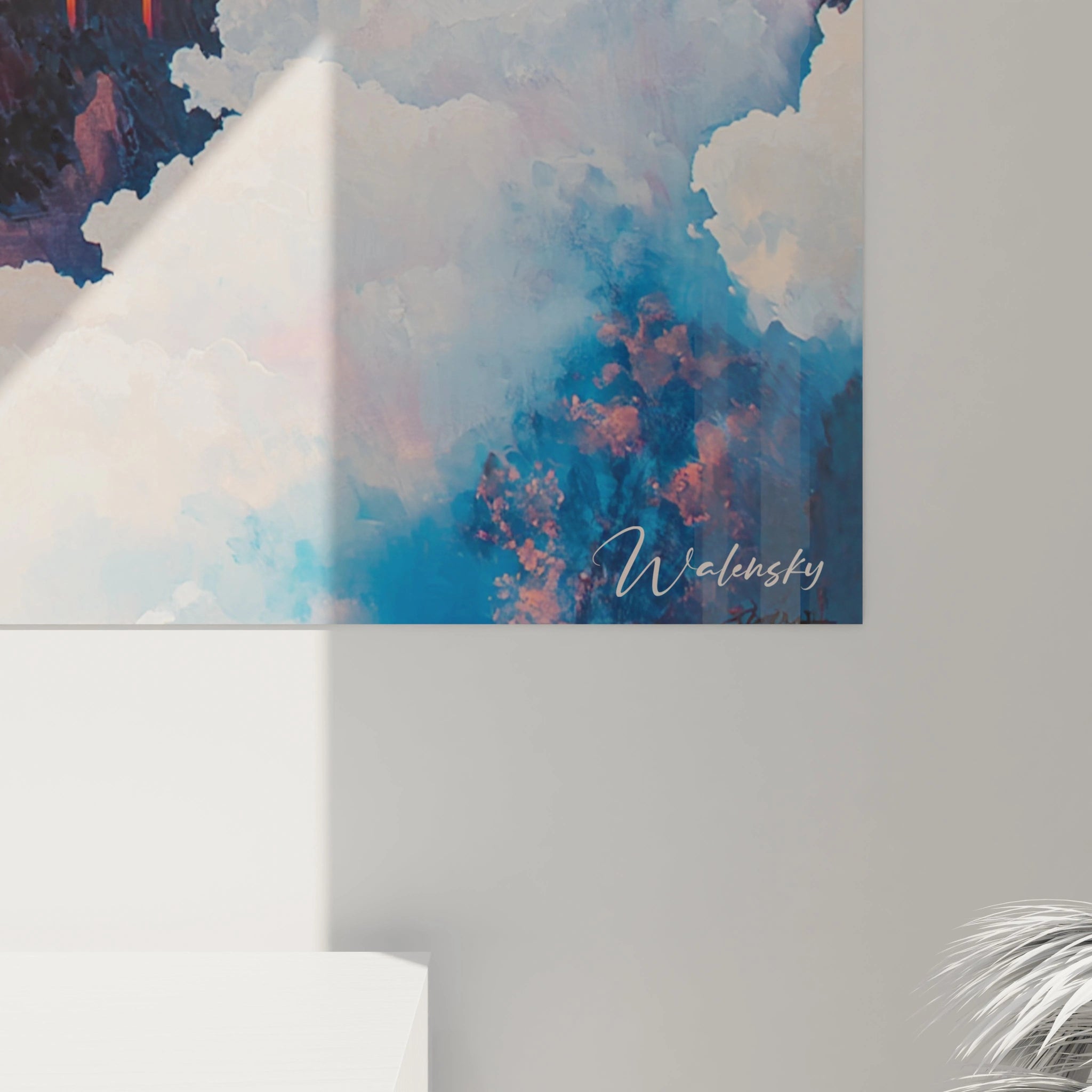 Un tableau temple céleste illustrant une architecture traditionnelle asiatique rouge vif sur un promontoire rocheux, surplombant un océan de nuages blancs et bleutés, sous un ciel aux teintes orangées et roses du crépuscule.