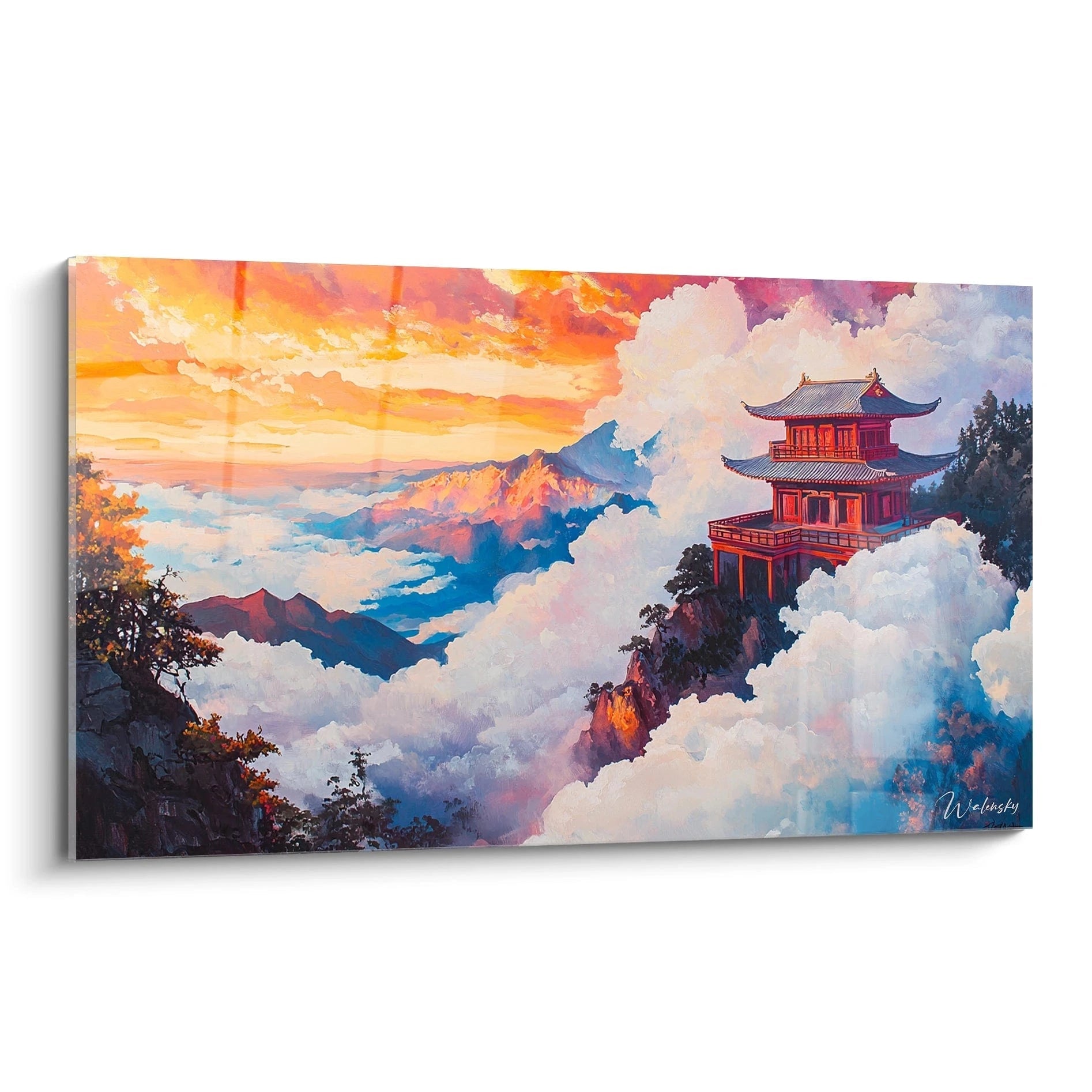 Un tableau artistique représentant une pagode japonaise rouge perchée sur une falaise, entourée de nuages blancs et bleus, sous un ciel orange et doré au coucher du soleil, avec des montagnes brumeuses en arrière-plan.