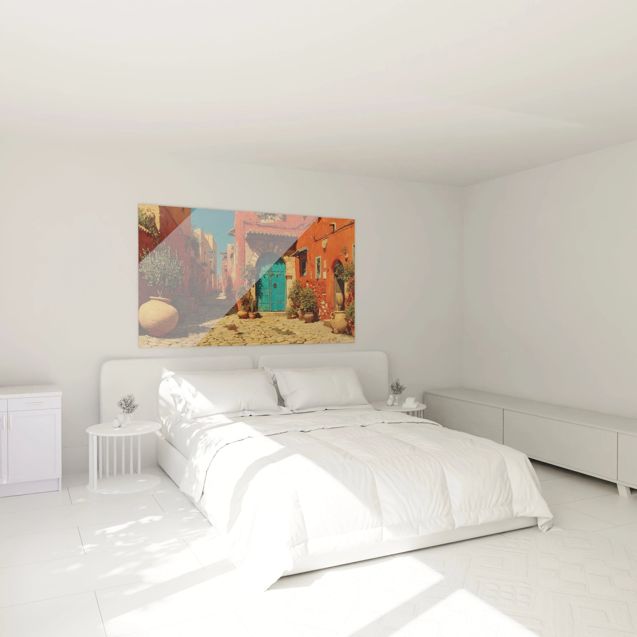 Tableau mural au dessus d un lit blanc montrant une ruelle colorée, tableau ruelle méditerranéenne