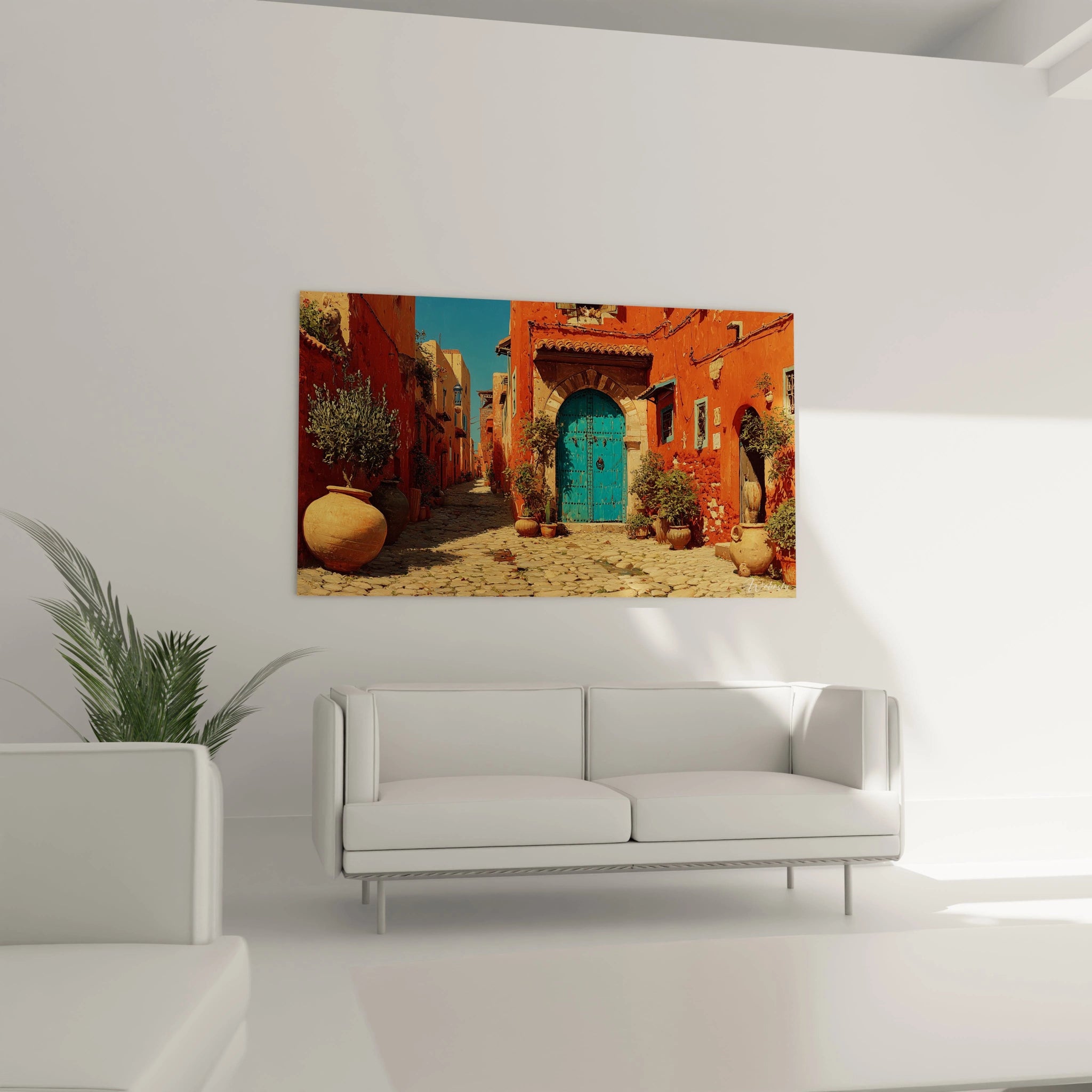 Walensky tableau ruelle méditerranéenne imprimé mural aux couleurs chaudes montrant une porte bleue et poteries