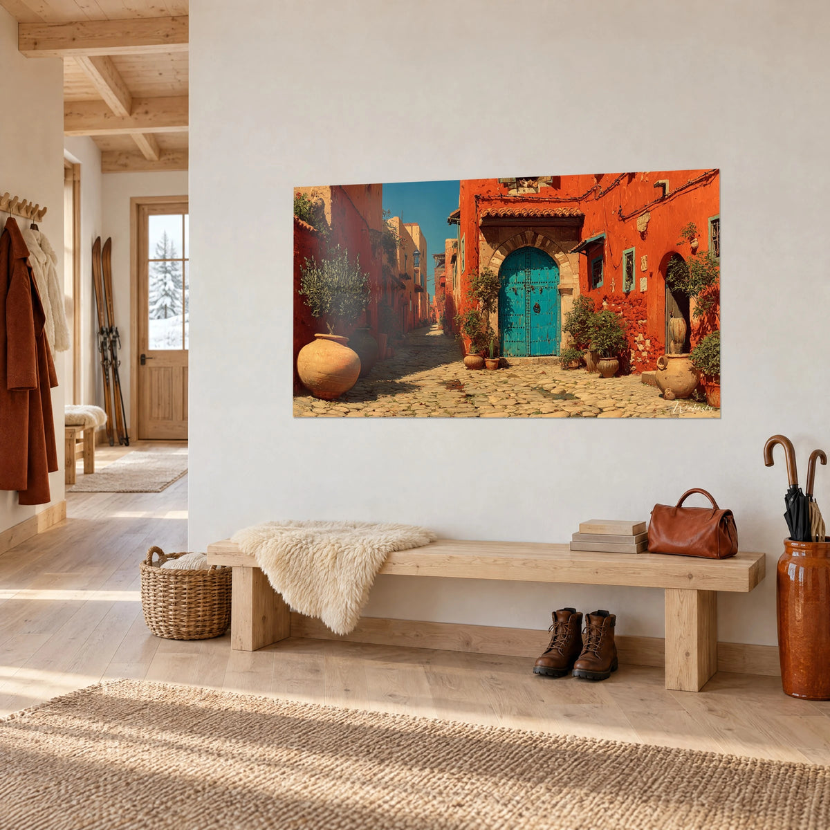 Tableau venelle ensoleillée de façades rouille, porte cintrée turquoise cloutée et olivier en pot, sur un mur blanc de chalet, vue de trois-quarts