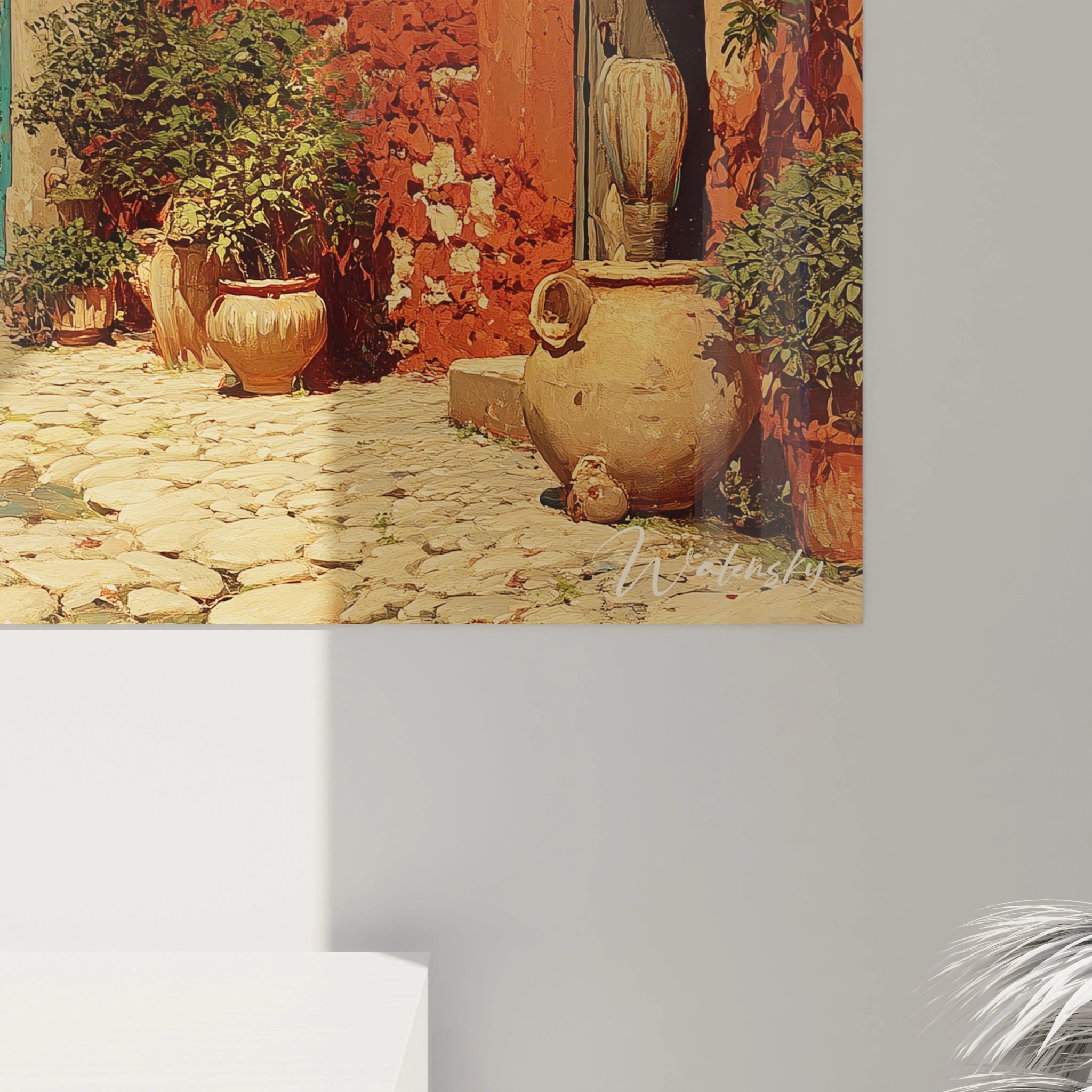 Walensky tableau ruelle méditerranéenne avec grands pots en terre cuite, mur ocre et pavés ensoleillés