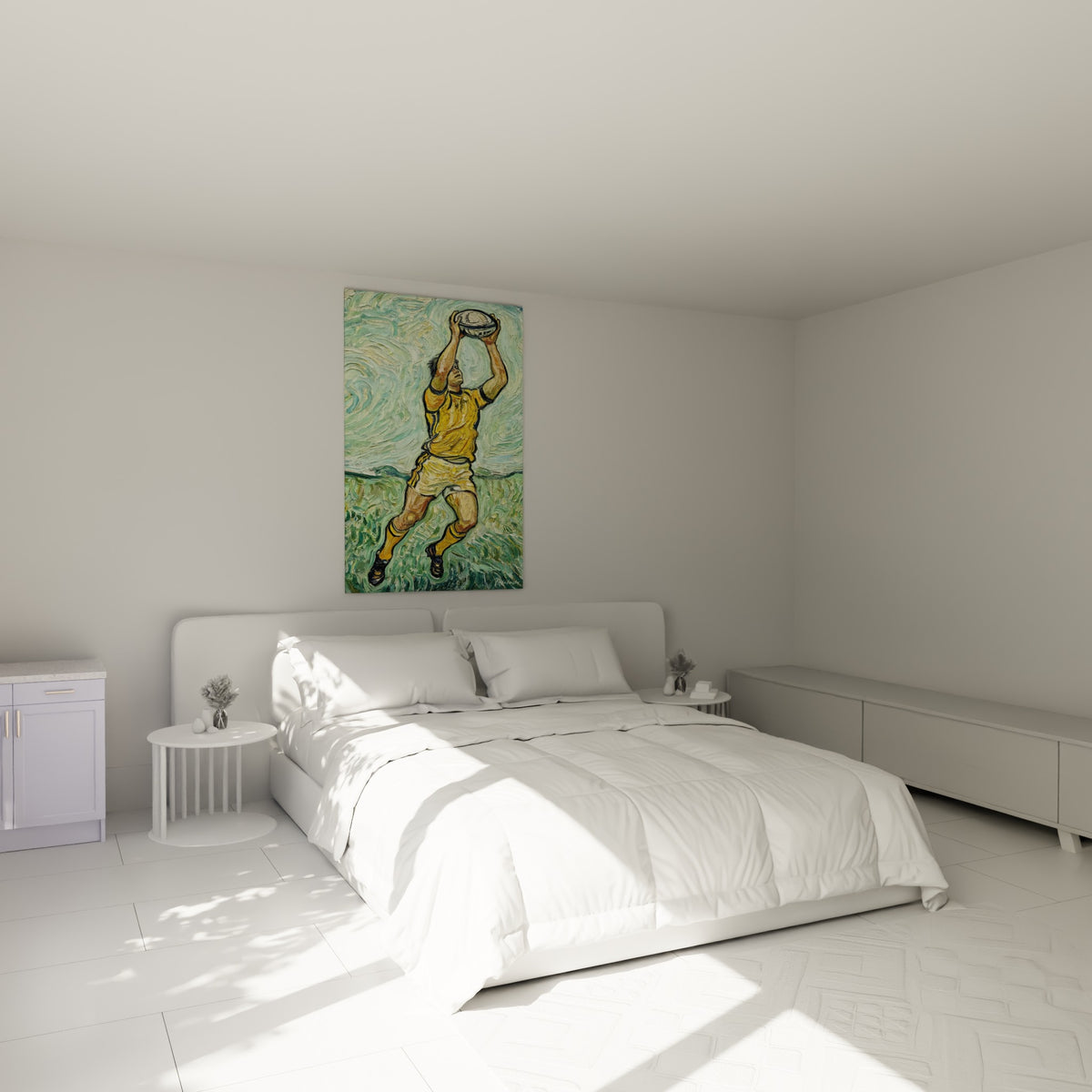 Athlète jaune et noir saisissant un ballon, tableau accroché au-dessus d'un lit dans une chambre claire