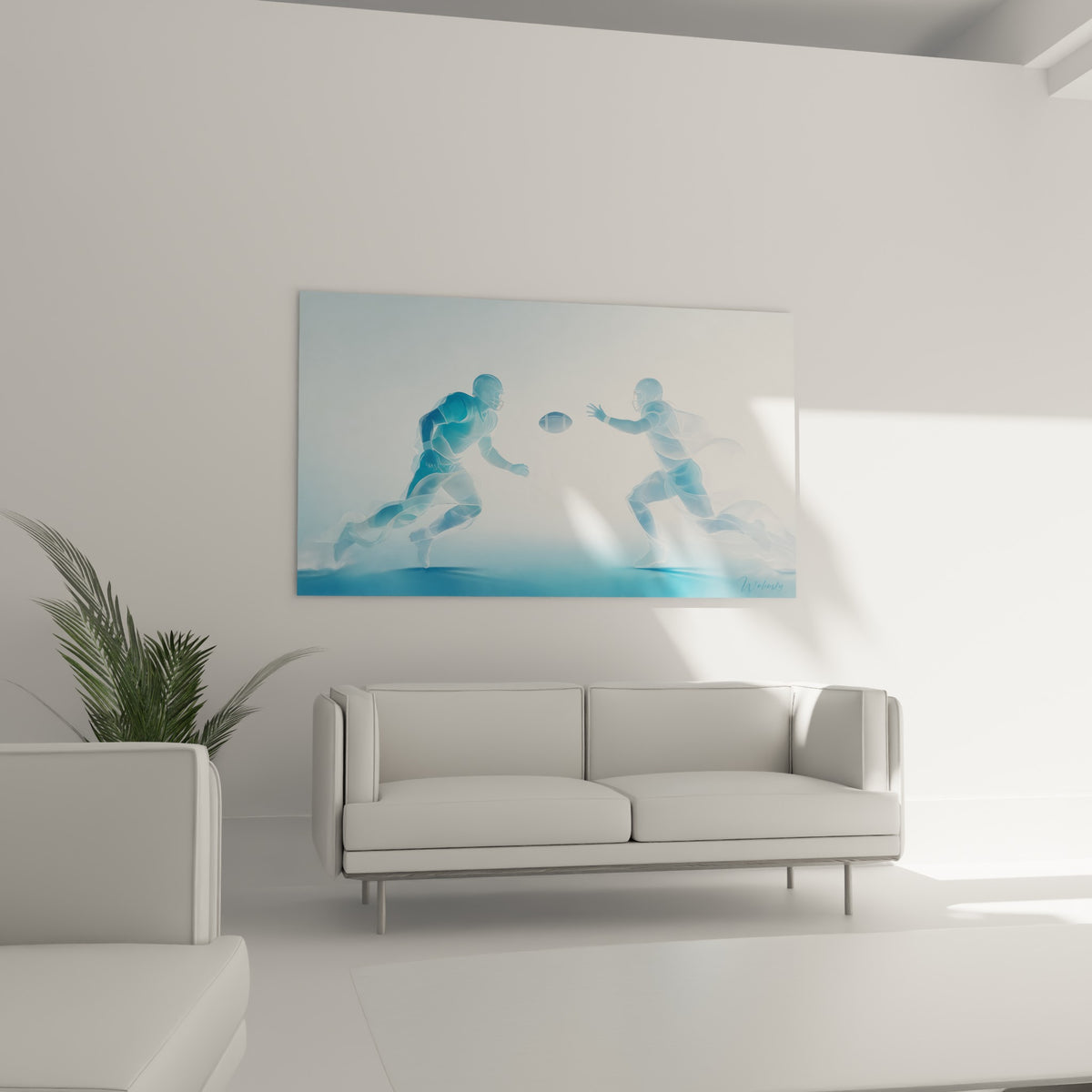 Figures Rugby bleu ciel en mouvement vaporeux, au-dessus d'un canapé dans un salon lumineux