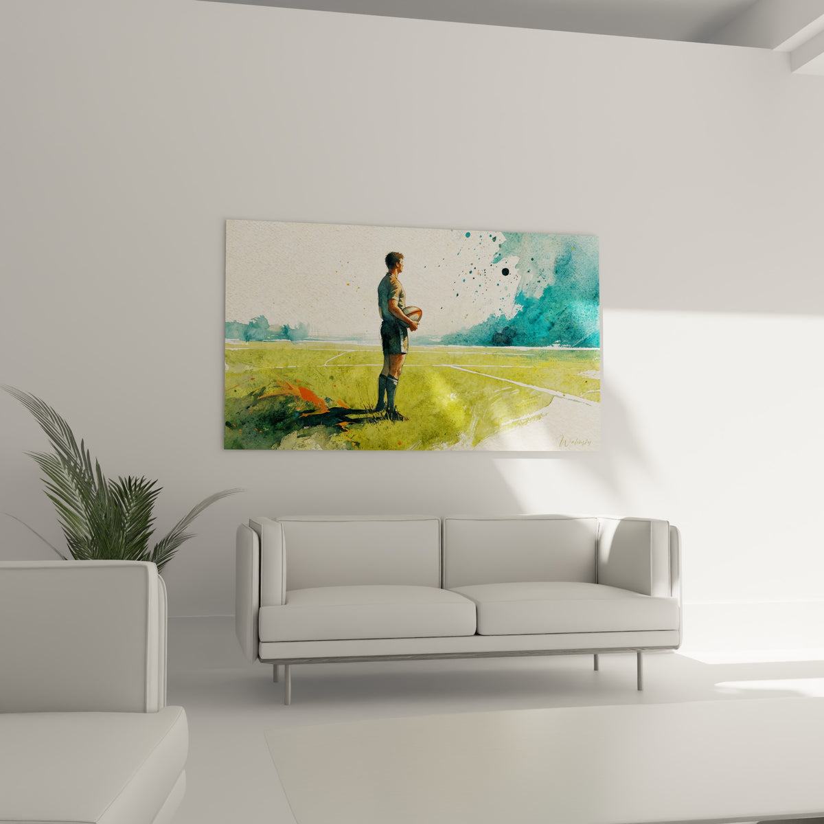 Joueur solitaire au ballon ovale sur fond vert émeraude et bleu marine, au-dessus d'un canapé dans un salon lumineux