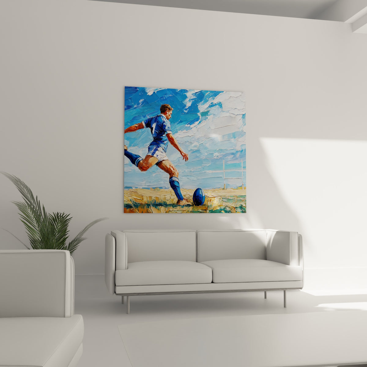 Rugbyman en action sur fond de ciel bleu et terrain ocre, suspendu au-dessus d'un canapé dans un salon lumineux