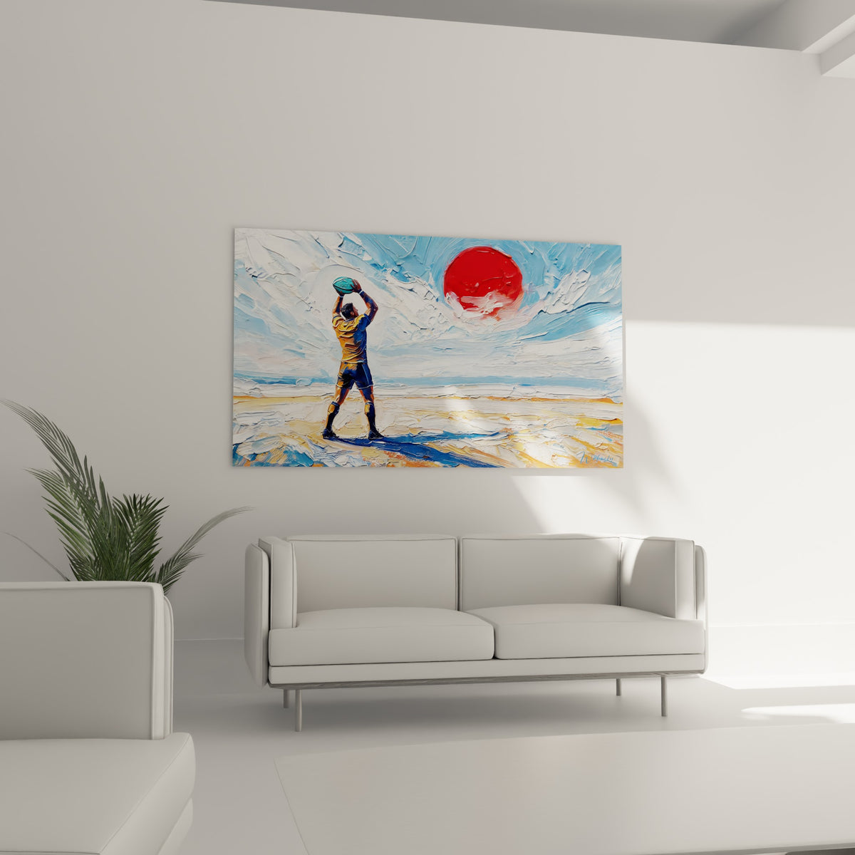 Rugbyman ocre et bleu levant le ballon vers un soleil rouge, au-dessus d'un canapé dans un salon lumineux