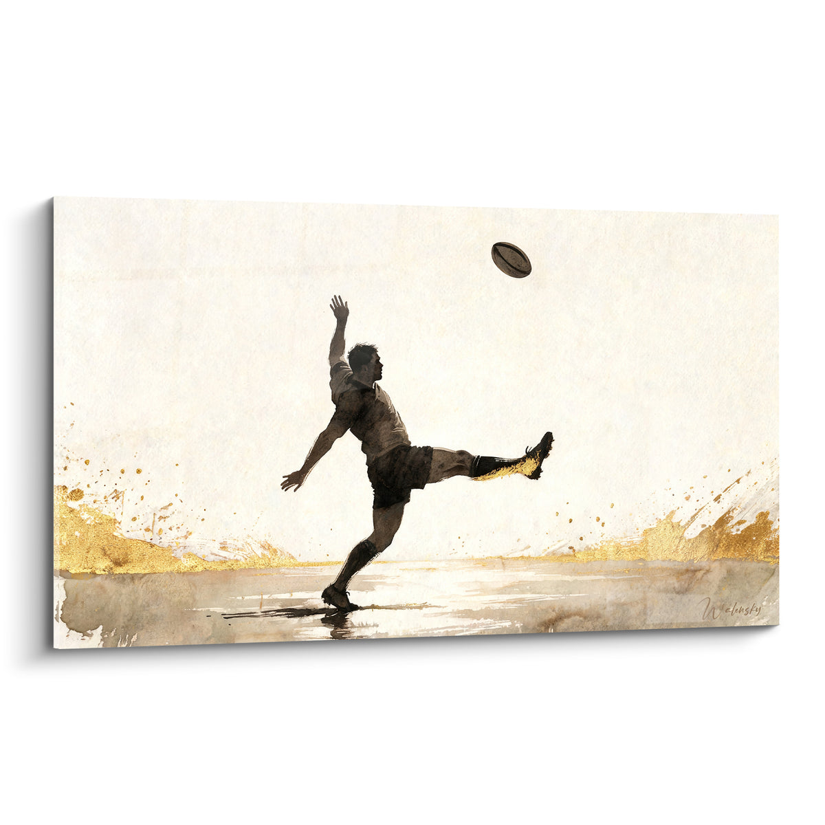 Botteur rugby en silhouette brune tendant la jambe sous un ballon doré suspendu, aquarelle ocre